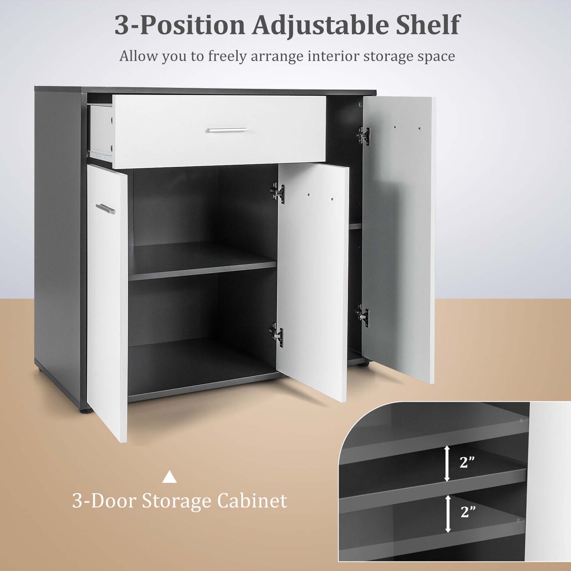 3-Position Adjustable Shelf, Allow you to freely arrange interior storage space, 3-Door Storage Cabinet, 2", 2"