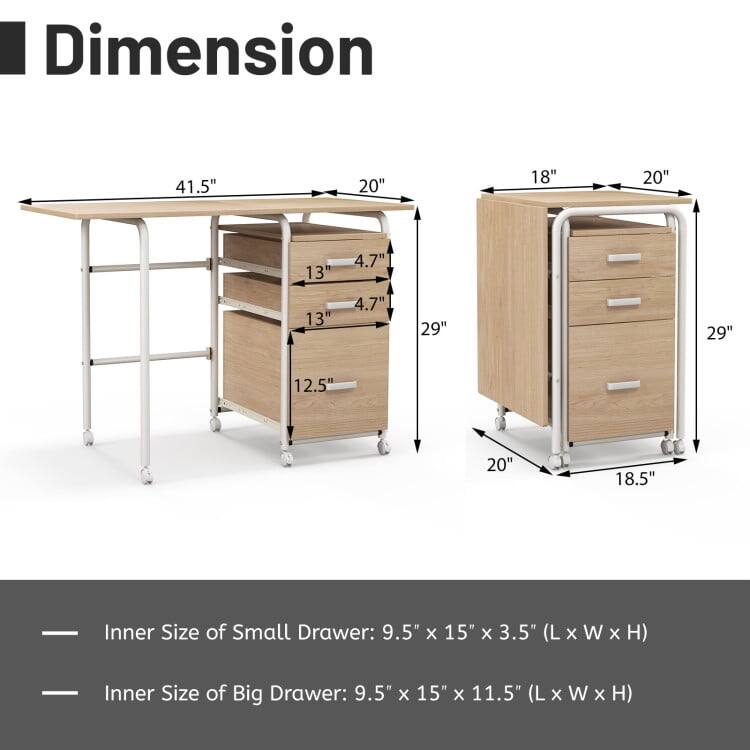 Dimension: 41.5" x 20" x 18" x 20" x 13" x 4.7" x 13" x 4.7" x 29" x 29" x 12.5" x 20" x 18.5"

Inner Size of Small Drawer: 9.5" x 15" x 3.5" (L x W x H)

Inner Size of Big Drawer: 9.5" x 15" x 11.5" (L x W x H)