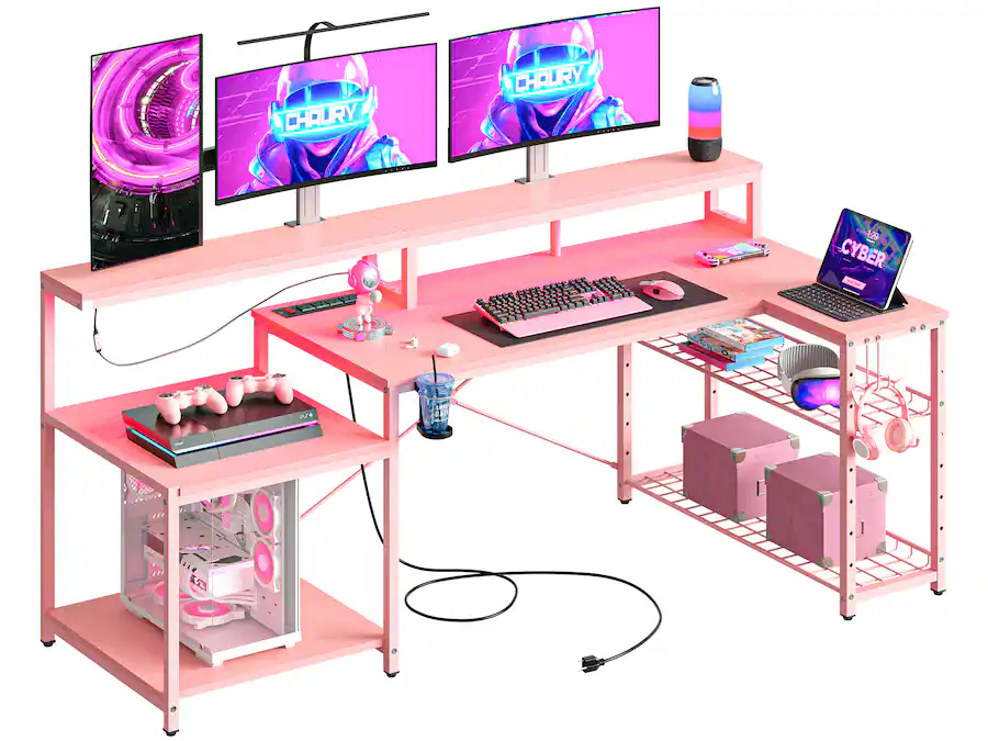 Pdcf Desk Bestier 71.5inch L Shaped Gaming Desk with Integrated LED Lighting and ...