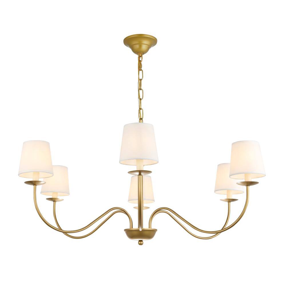 Alt View 2. Living District - Eclipse 6 light Brass and White shade chandelier - Brass And White Shade.