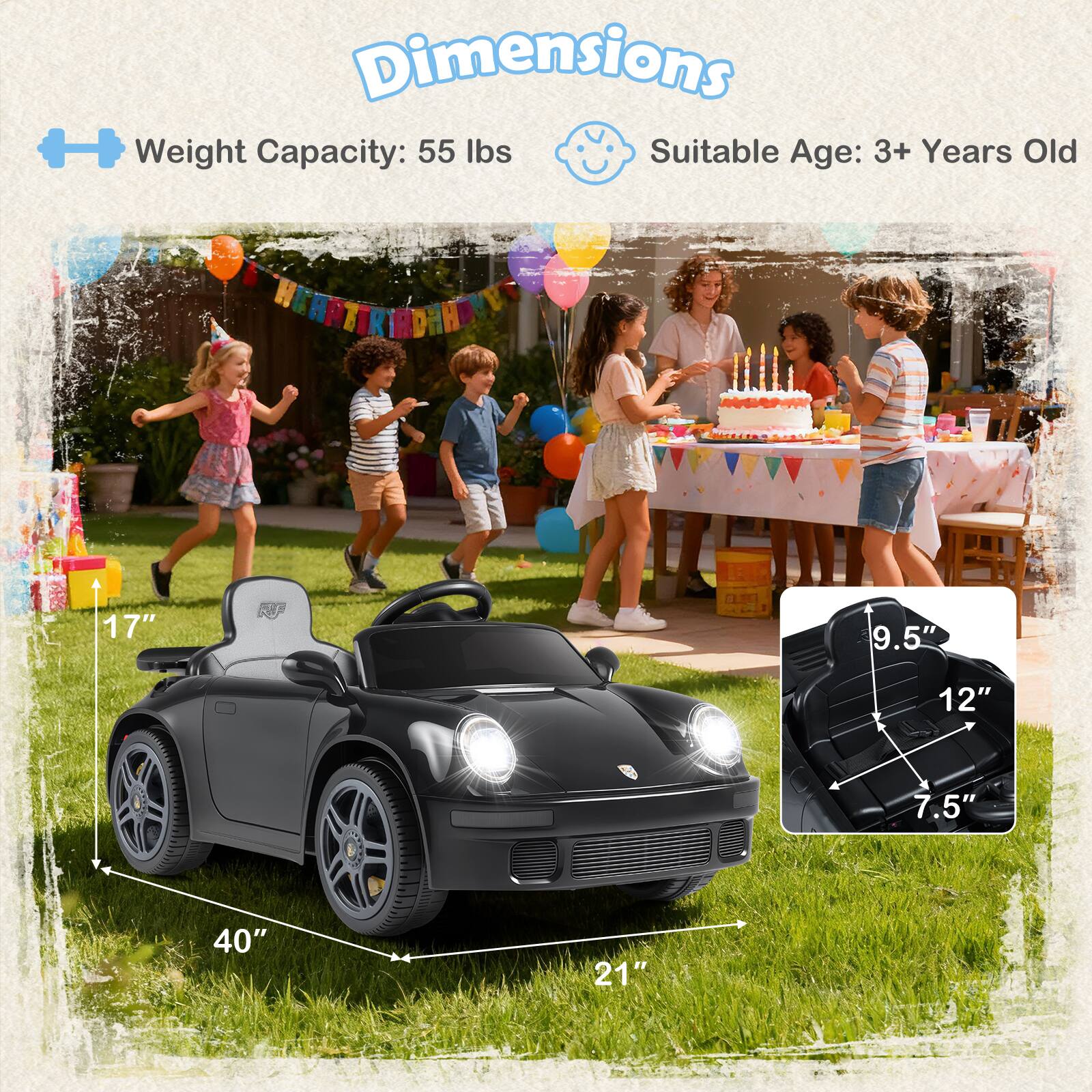 Dimensions  
Weight Capacity: 55 lbs  
Suitable Age: 3+ Years Old  

17"  
40"  
21"  

9.5"  
12"  
7.5"