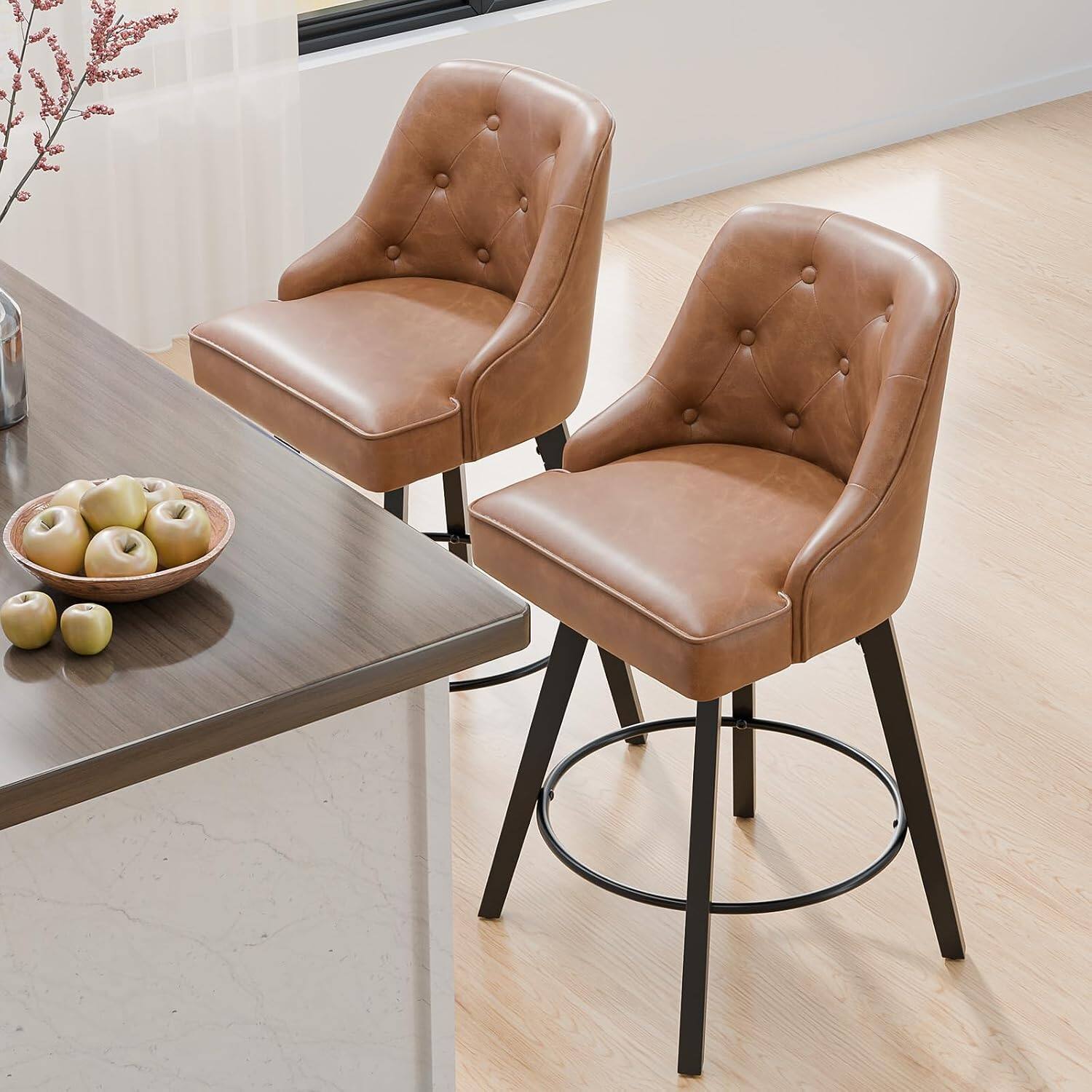 Alt View 4. Winado - 26" H Swivel Barstools Upholstered Counter Stool with Back Kitchen High Chairs Counter Height Bar Stools with Cushion - Brown Pu-Set of 4.