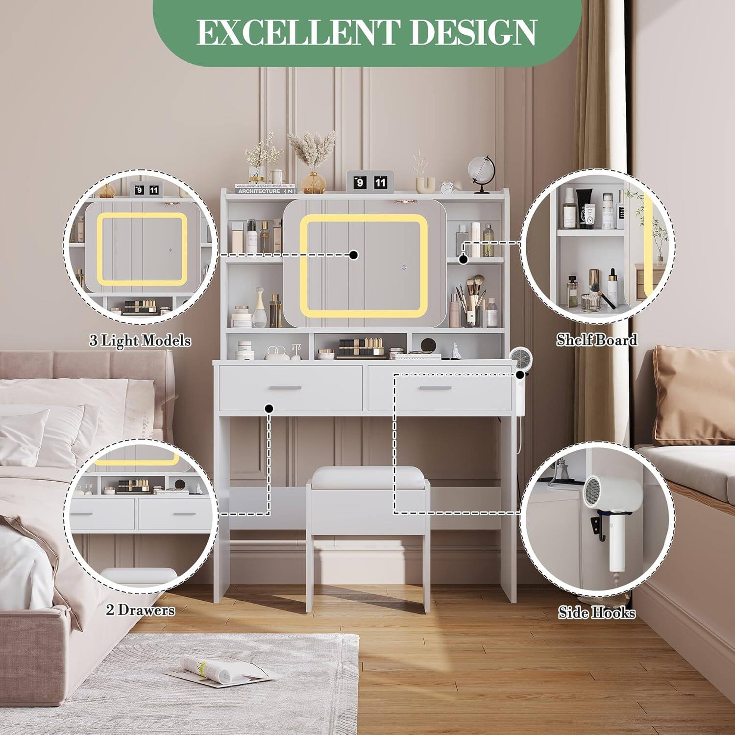 EXCELLENT DESIGN

- 3 Light Models
- Shelf Board
- 2 Drawers
- Side Hooks