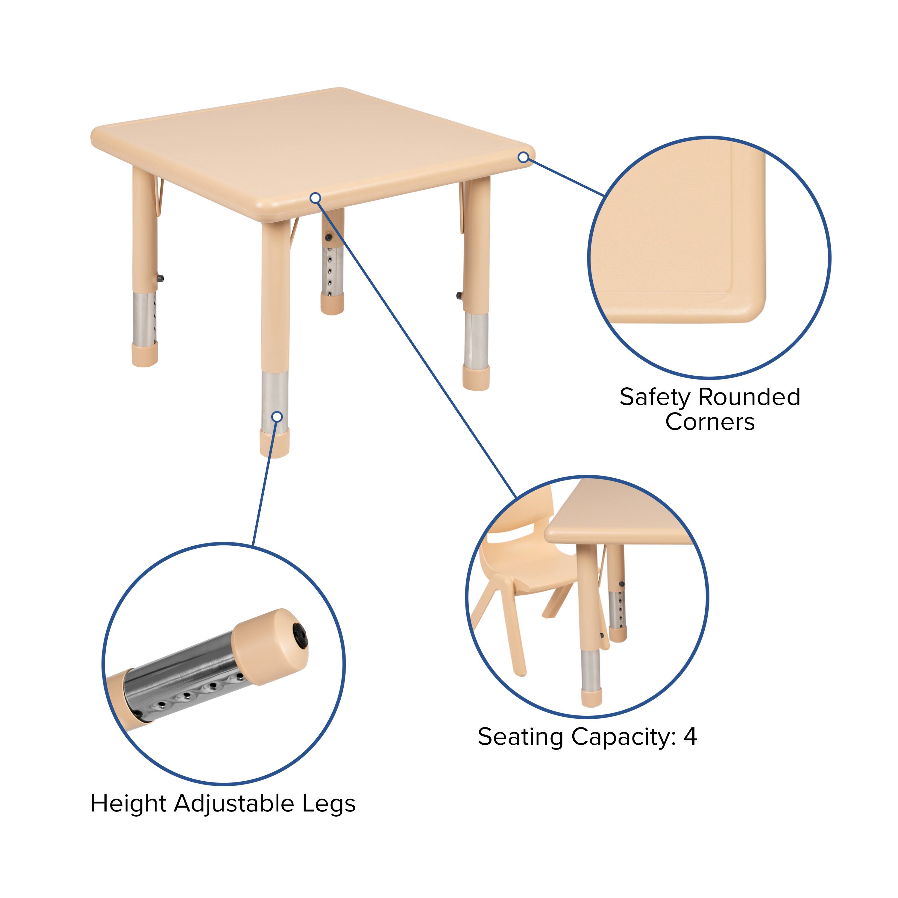 Safety Rounded Corners  
Seating Capacity: 4  
Height Adjustable Legs