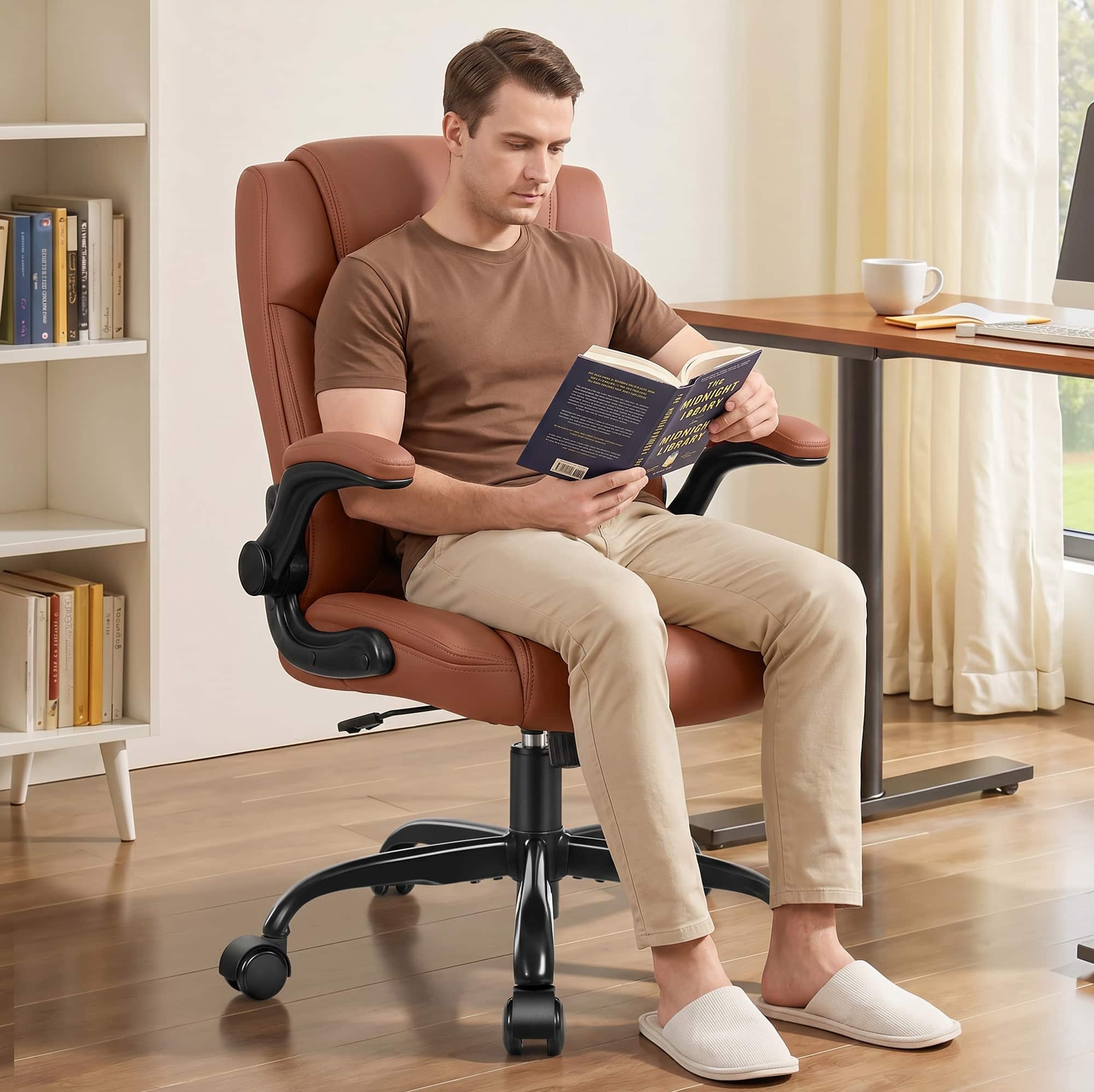 KERDOM - Small Ergonomic Office Chair, PU Leather Computer Desk Chair w Lumbar Support, 360° Swivel & Adjustable Armrests - Brown