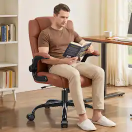 Brick Attic - Compact PU Leather Office Chair, Ergonomic Adjustable Computer Gaming Desk Chair with Flip-Up Armrest for Small Space - Brown