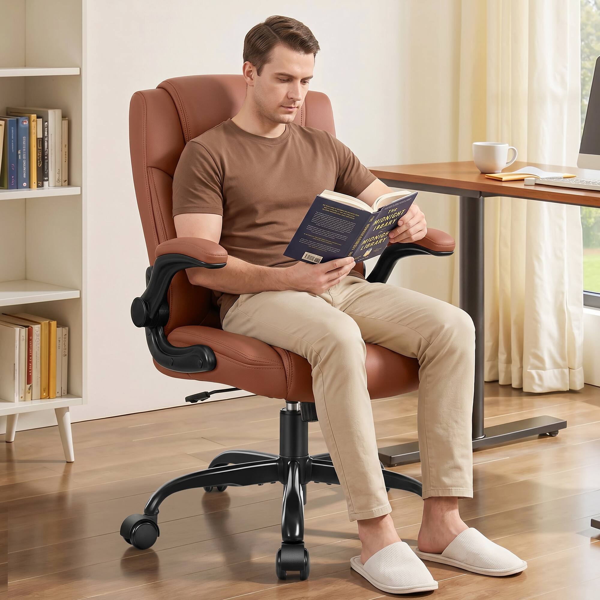 KERDOM - Small Ergonomic Office Chair, PU Leather Computer Desk Chair w Lumbar Support, 360° Swivel & Adjustable Armrests - Brown