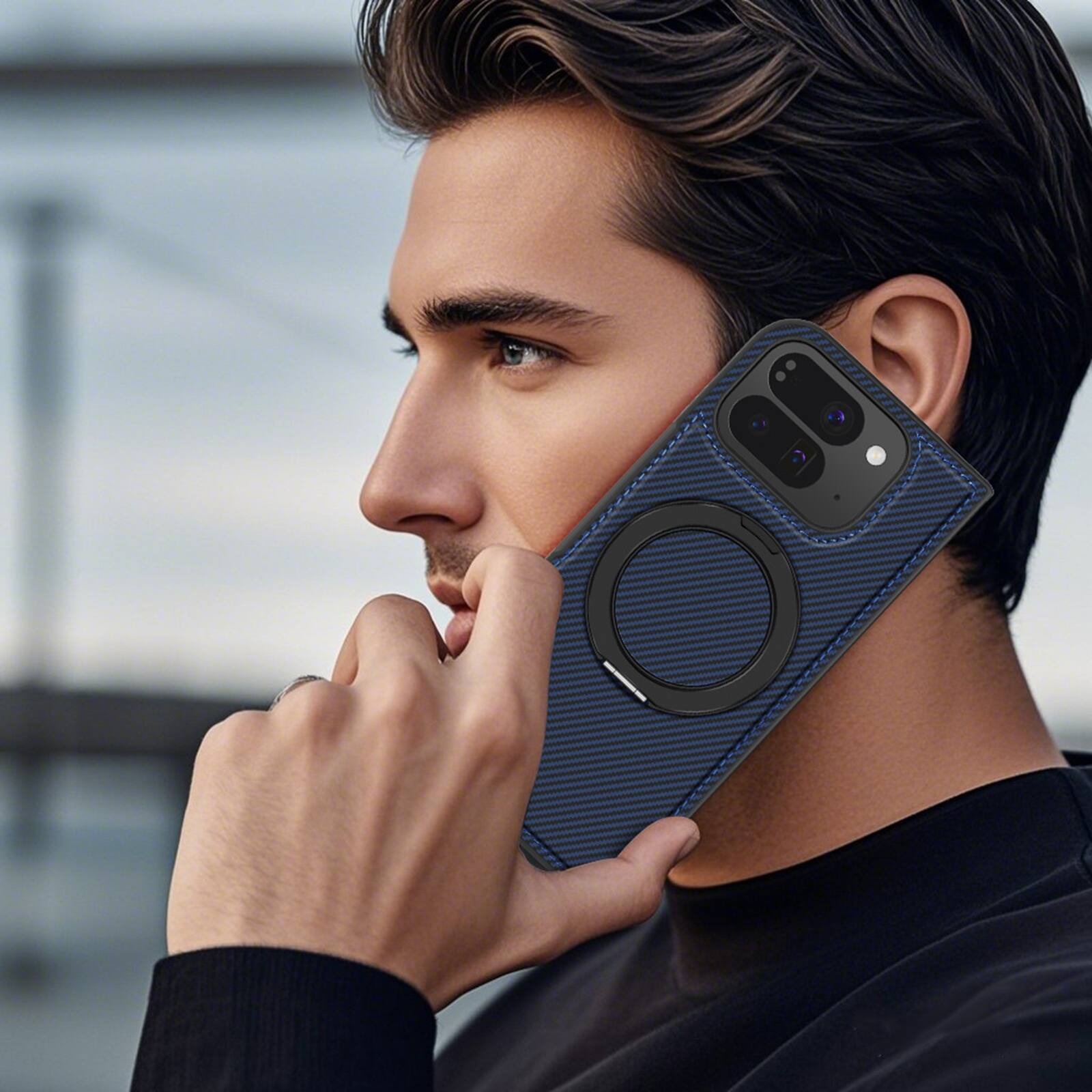 Alt View 3. Dteck - Magnetic Carbon Fiber Pattern Case for Google Pixel 10 Pro Fold with Stand, Shockproof Rigid Plastic Faux Leather Cover - Darkblue.