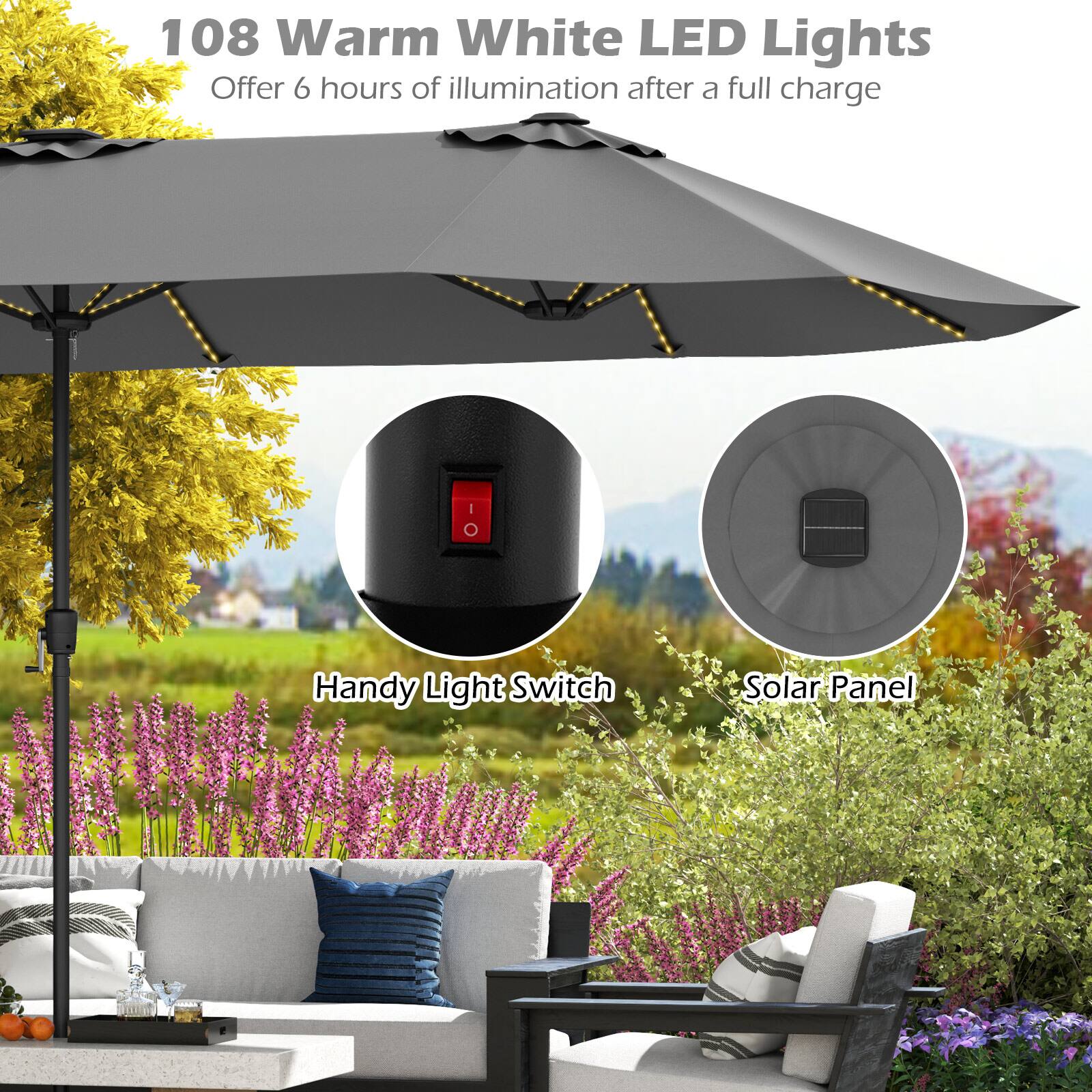 108 Warm White LED Lights, Offer 6 hours of illumination after a full charge, Handy Light Switch, Solar Panel