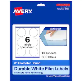 Avery - Durable Round Labels, 3" Diameter, 600 Total - White