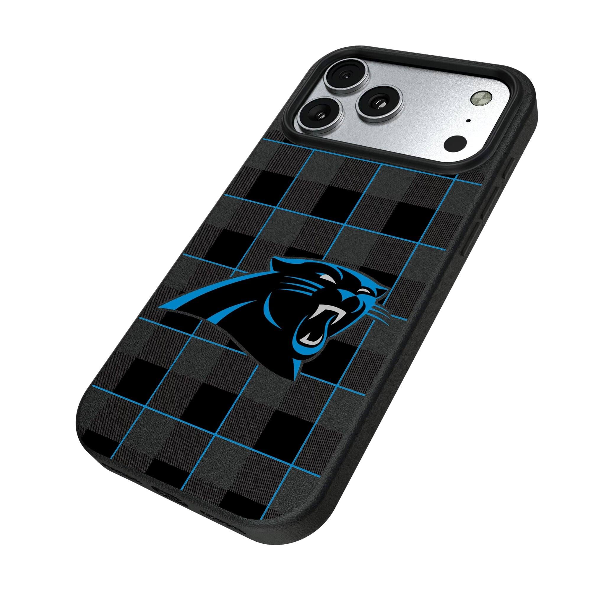 Alt View 1. Keyscaper - Carolina Panthers Plaid Magnetic Bump iPhone Case - 15 - Black.