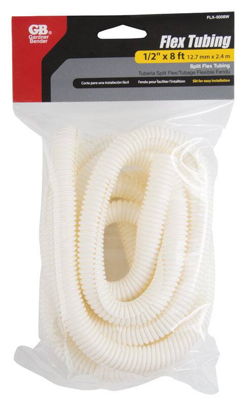 GB. Gardner Bender  
Flex Tubing  
1/2" x 8 ft 12.7 mm x 2.4 m  
Split Flex Tubing  
Tubería Split Flex/Tubage Flexible Fendu  
Corte para una instalación fácil  
Fendu pour Faciliter l'Installation  
Slit for easy installation  

FLX-5008W