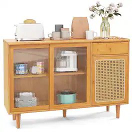 Costway - Buffet Sideboard Cabinet Rattan Console Table with Sliding Doors Storage Drawer - Natural