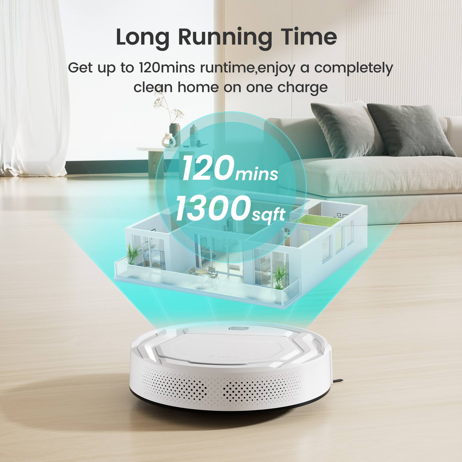 Long Running Time, Get up to 120mins runtime, enjoy a completely clean home on one charge, 120 mins, 1300 sqft.