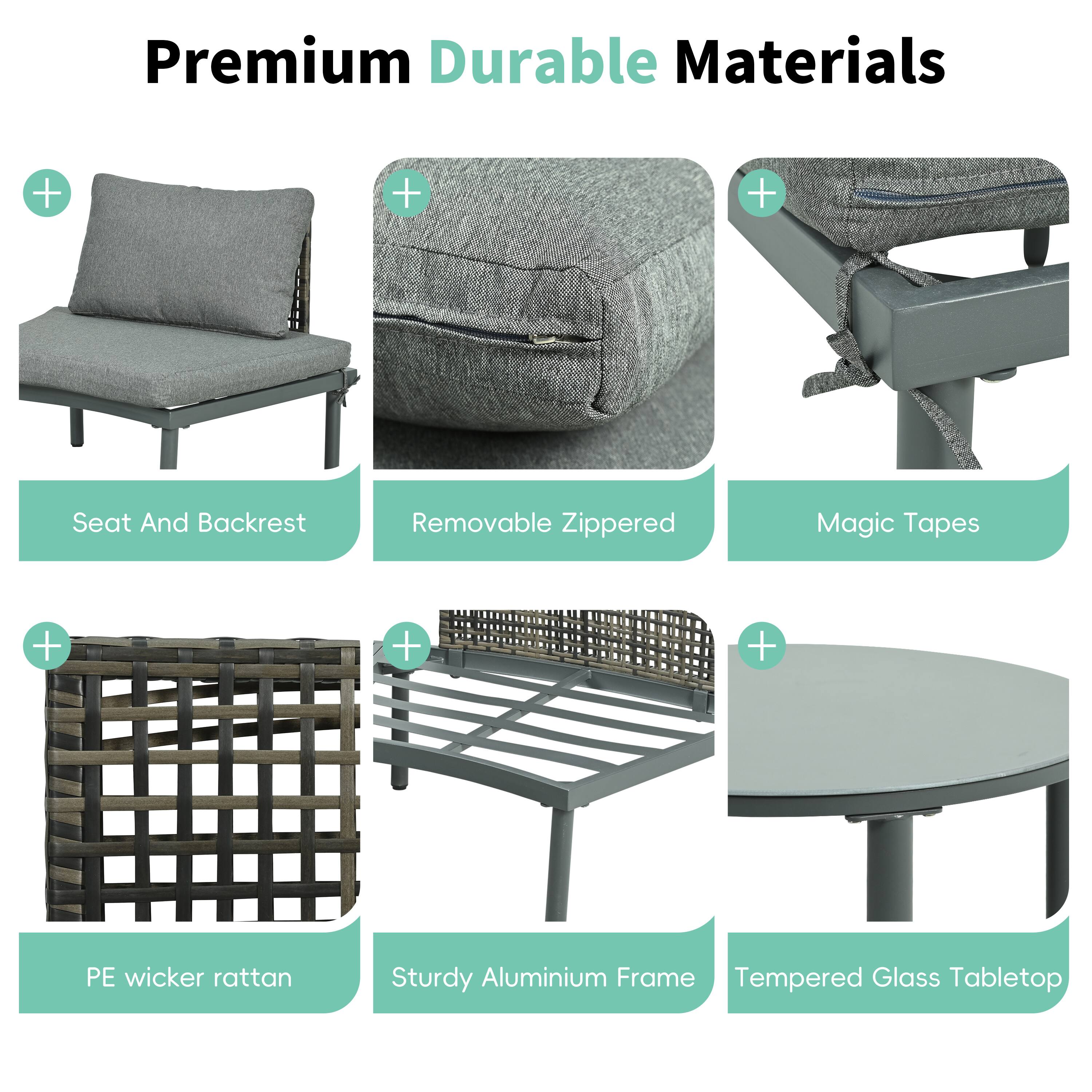 Premium Durable Materials
+ Seat And Backrest
+ Removable Zippered
+ Magic Tapes
+ PE wicker rattan
+ Sturdy Aluminium Frame
+ Tempered Glass Tabletop