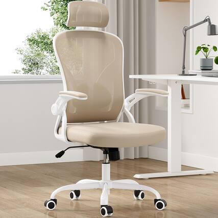 Front. GOODSILO - Ergonomic High-Back Mesh Office Chair with Adjustable Lumbar Support and Flip-Up Armrests - Khaki+White.