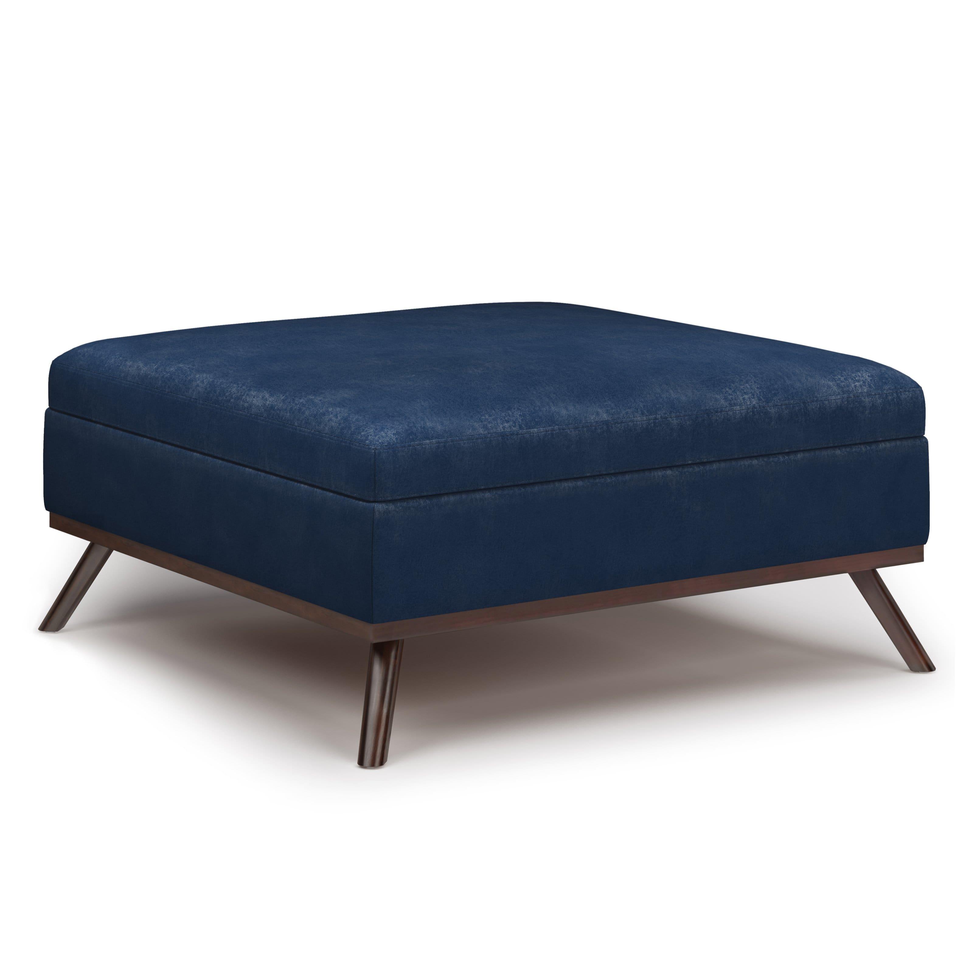 Front. Simpli Home - Owen Square Coffee Table Storage Ottoman - Distressed Dark Blue.