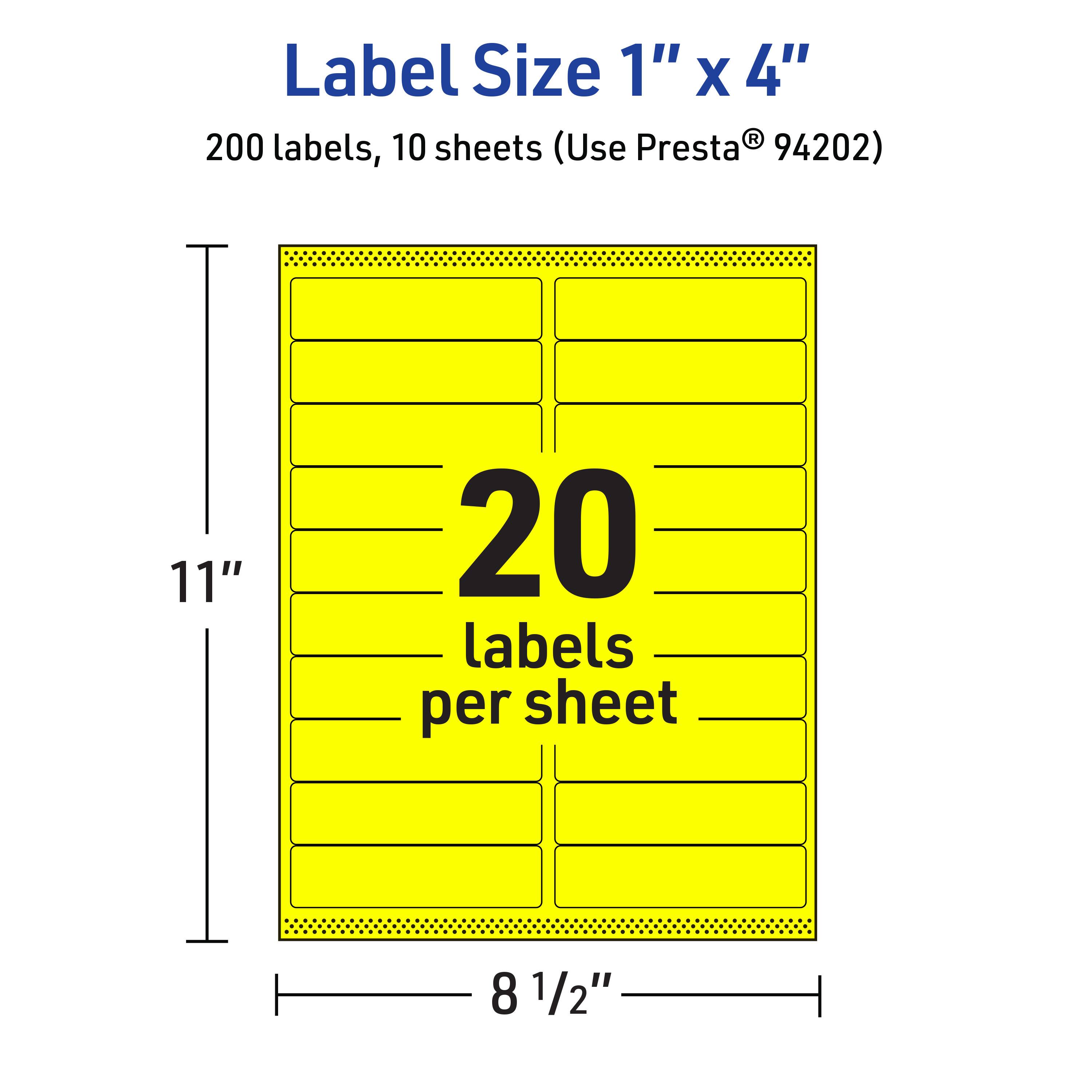 Label Size 1" x 4"  
200 labels, 10 sheets (Use Presta® 94202)  
11" x 8 1/2"  
20 labels per sheet