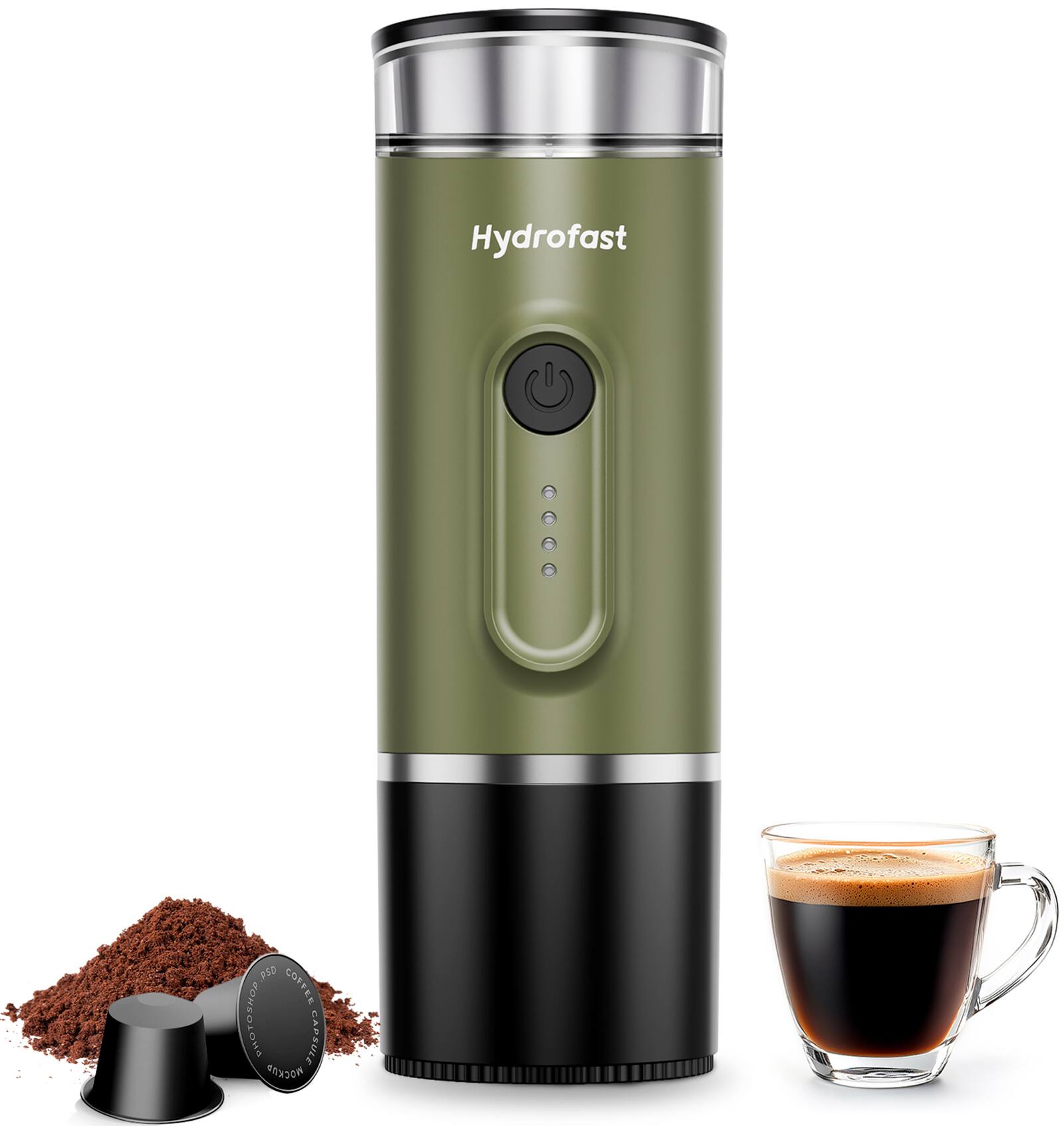 Angle. Hydrofast - PO-100 Portable Espresso Maker, 20-Bar Pressure, 9600mAh, 2-in-1 Capsule & Ground Coffee, Wireless Heating, for Travel - Army Green.