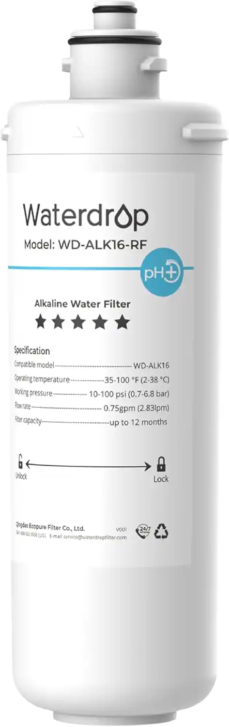 Waterdrop Model: WD-ALK16-RF pH Alkaline Water Filter Specification Compatible model: WD-ALK16 Operating temperature: 35-100°F (2-38°C) Working pressure: 10-100 psi (0.7-6.8 bar) Flow rate: 0.75gpm (2.83lpm) Filter capacity: up to 12 months Unlock Lock Qingdao Ecopure Filter Co. Ltd. 2477 V001 E-mail: service@waterdropfilter.com
