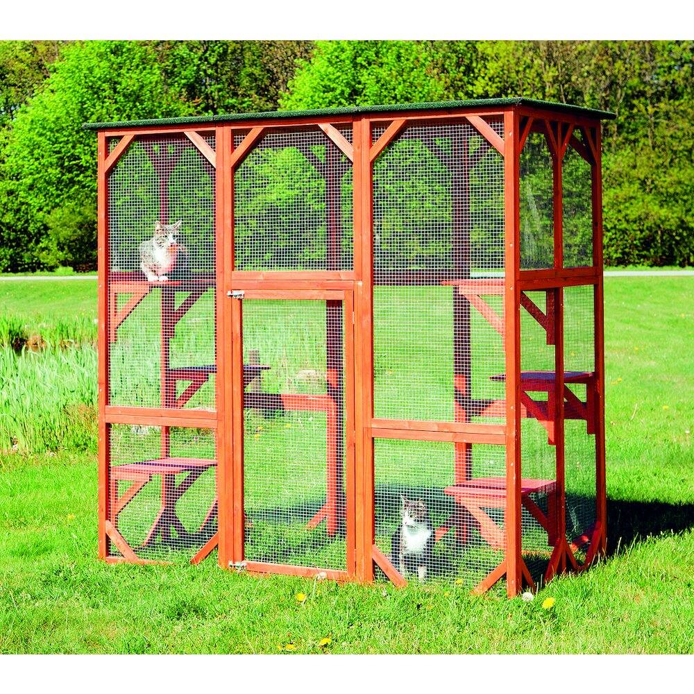 Angle. TRIXIE - Natura Weatherproof Wooden Cattery with Cat Perches, 38.5L x 70.75W x 70.75H - Brown.