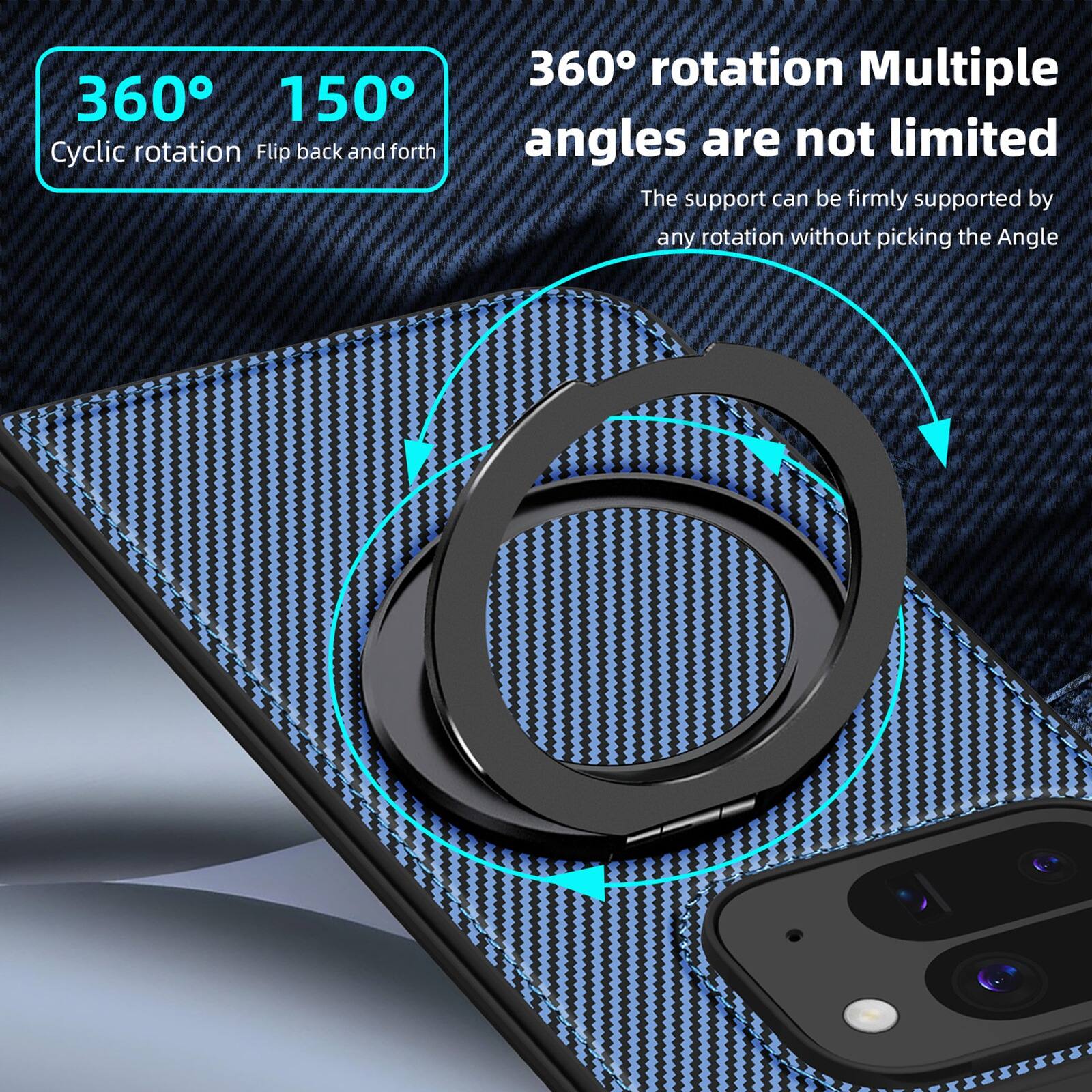 360° 150°  
Cyclic rotation Flip back and forth  

360° rotation Multiple angles are not limited  
The support can be firmly supported by any rotation without picking the Angle