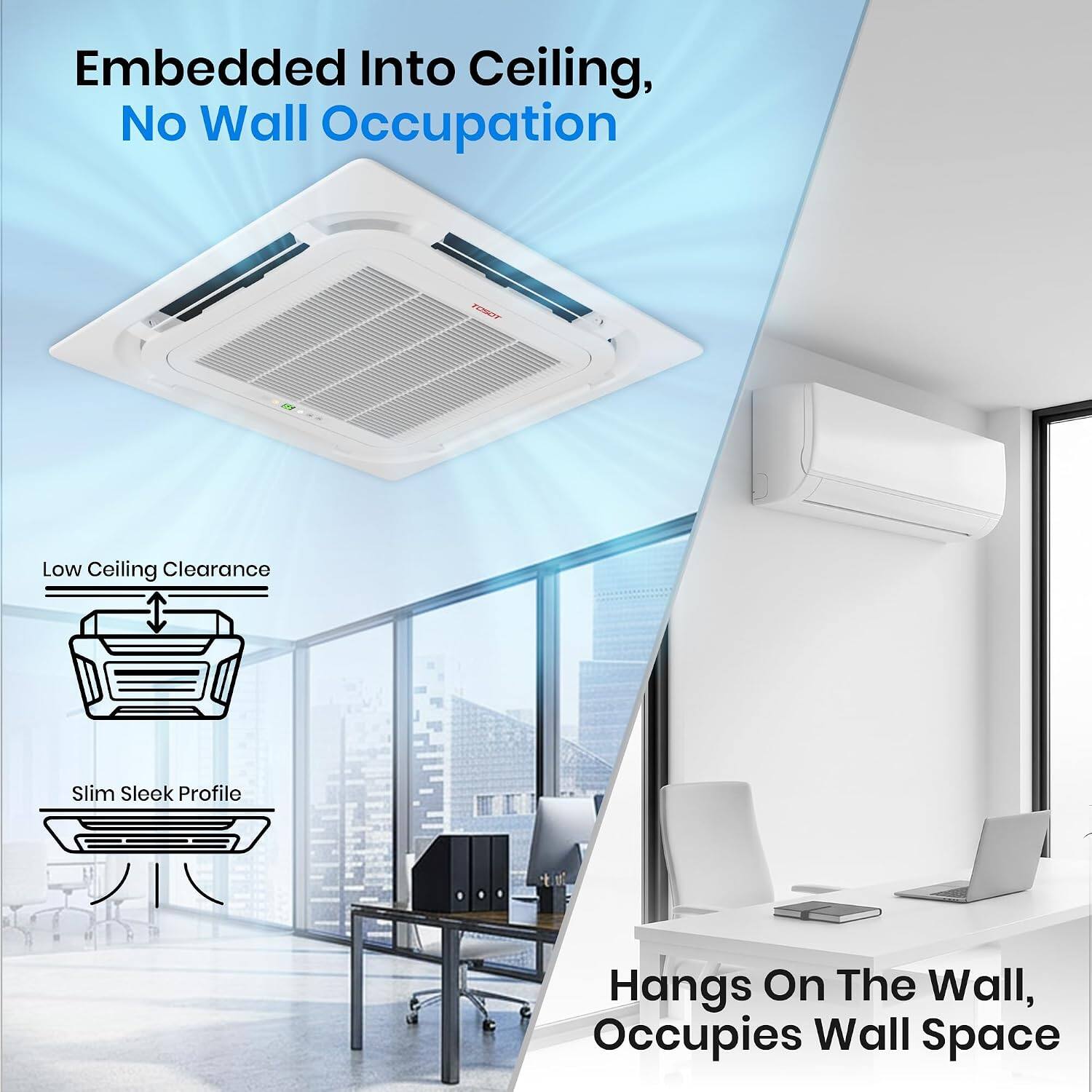 Embedded Into Ceiling, No Wall Occupation  
Low Ceiling Clearance  
Slim Sleek Profile  
Hangs On The Wall, Occupies Wall Space