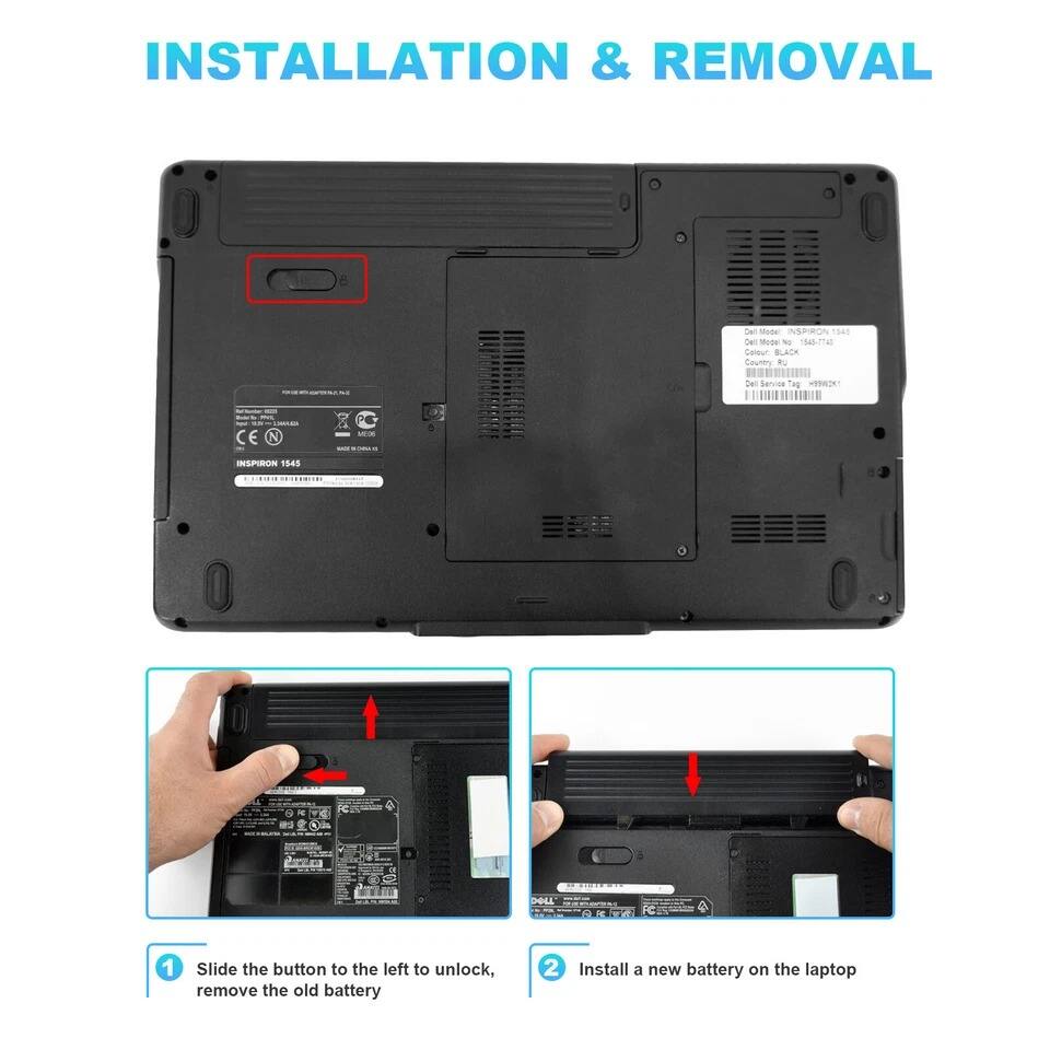 **INSTALLATION & REMOVAL**

1. Slide the button to the left to unlock, remove the old battery
2. Install a new battery on the laptop