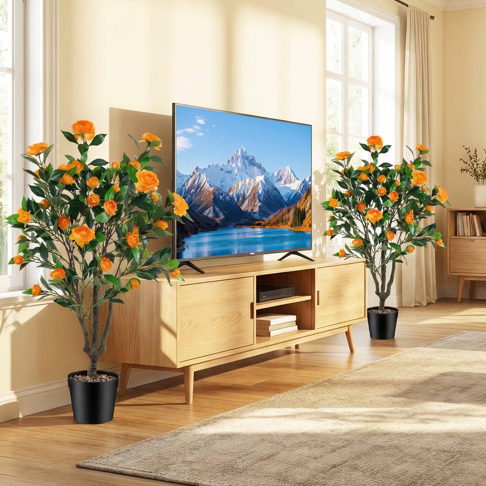 Alt View 3. Costway - Costway 40" Artificial Camellia Tree with 37 Flowers, River Stones for Living Room Front - Orange + Green + Black.