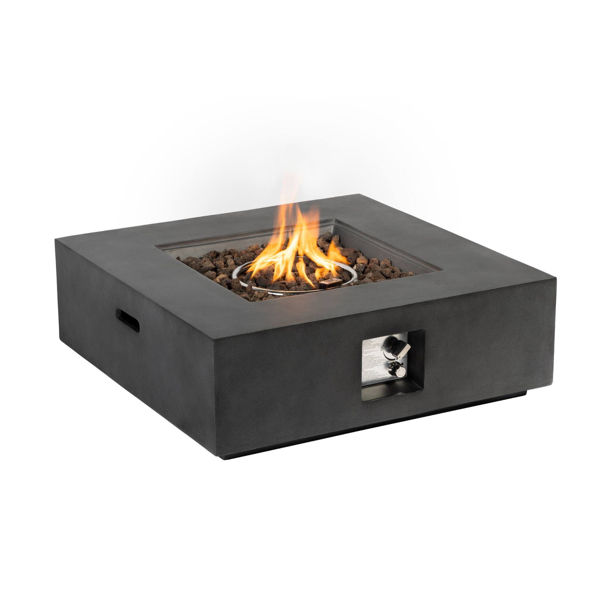 Front. APRILSOUL - Outdoor Propane Fire Pit Table Square Stone 35 inch Planter Base 50000 BTU Stainless Steel Burner Free - Dark Gray.