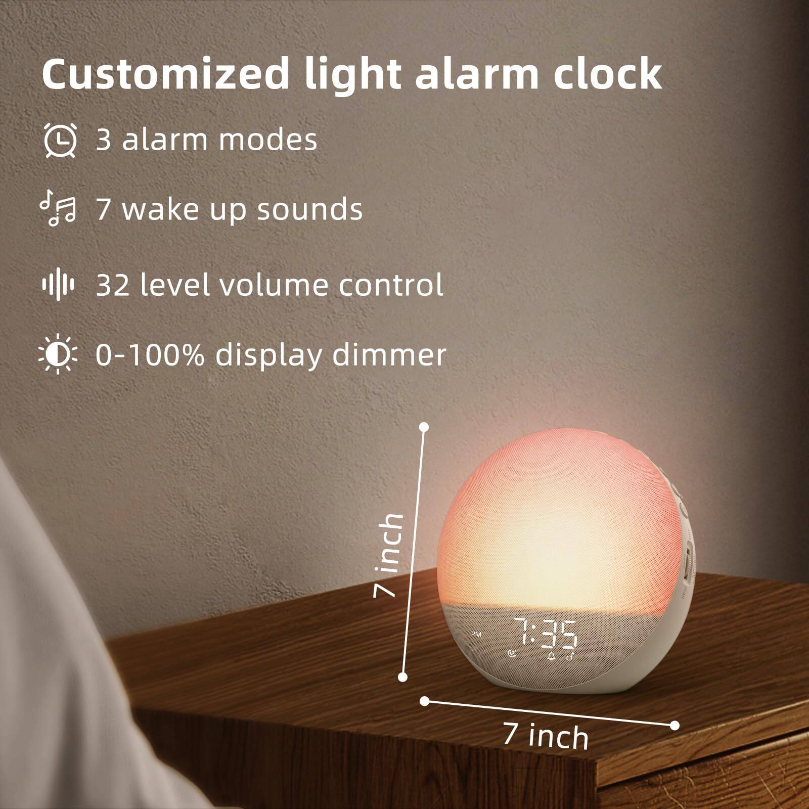 Customized light alarm clock

- 3 alarm modes
- 7 wake up sounds
- 32 level volume control
- 0-100% display dimmer

7 inch (diameter)