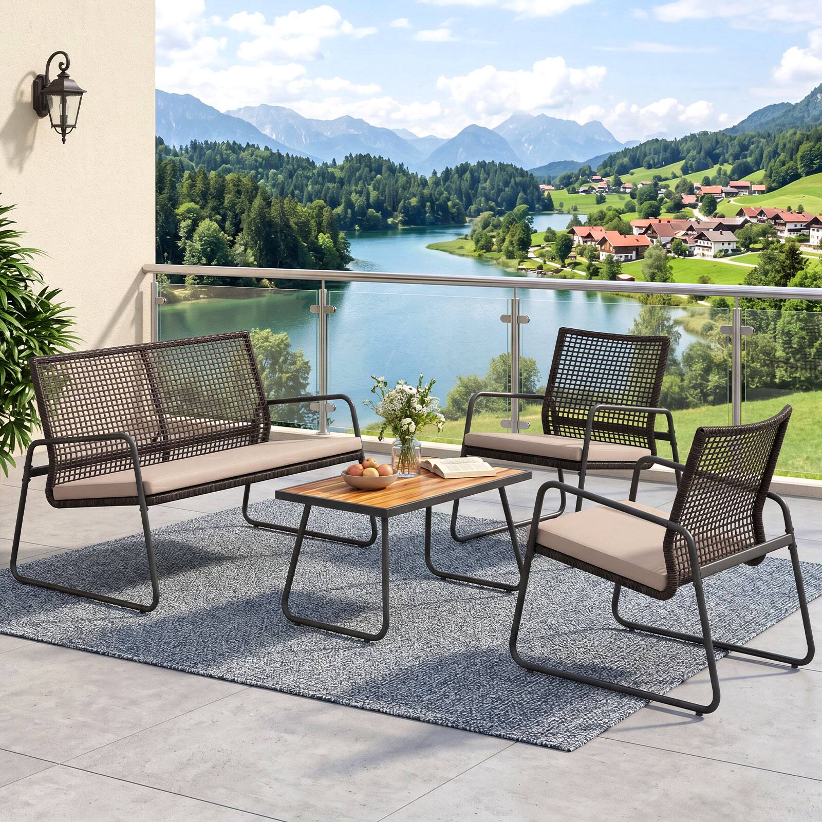 Alt View 4. Gymax - Gymax 4PCS Patio Furniture Set PE Wicker Rattan Conversation Set w/ Zippered Cushions - Beige.