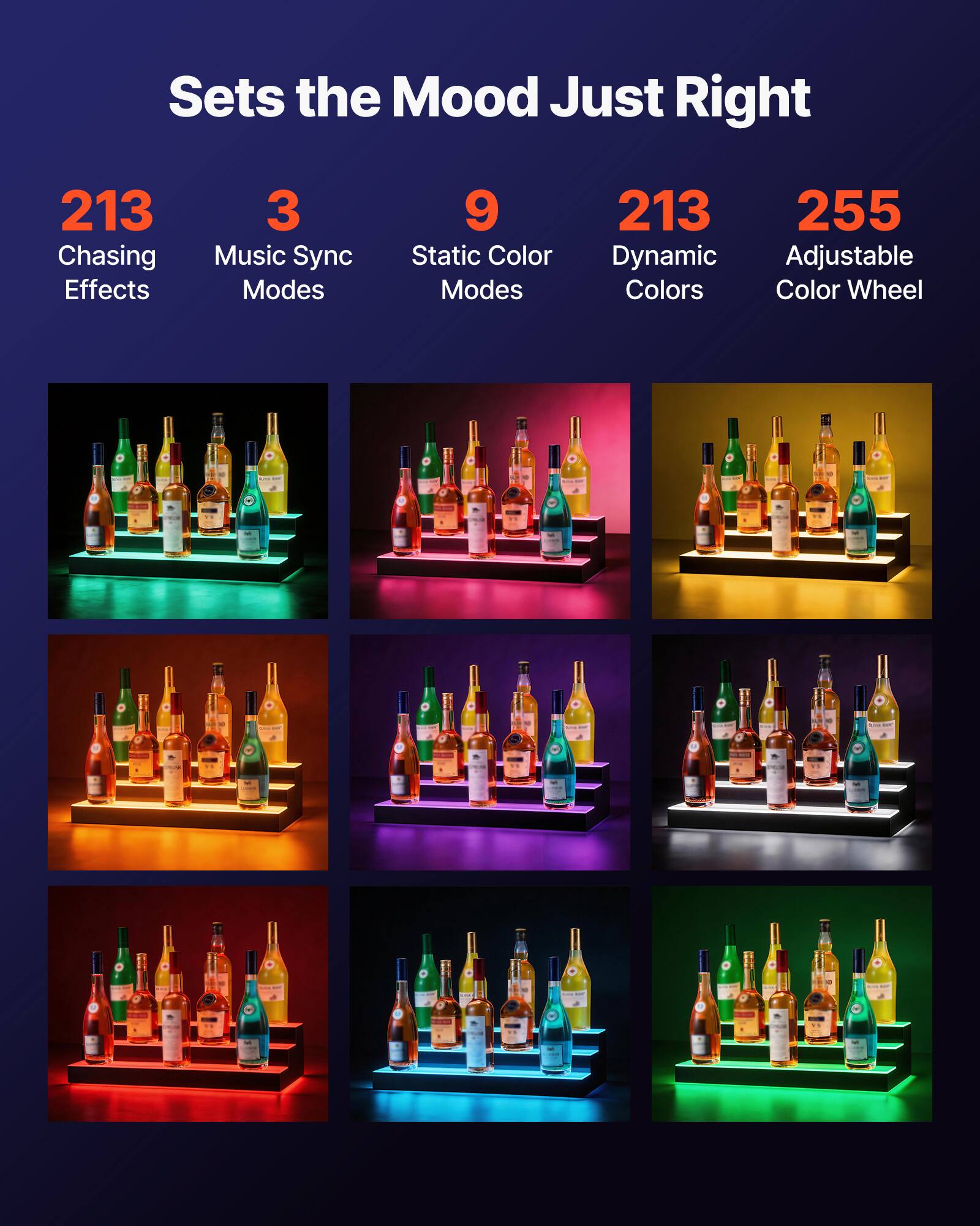 Sets the Mood Just Right

- 213 Chasing Effects
- 3 Music Sync Modes
- 9 Static Color Modes
- 213 Dynamic Colors
- 255 Adjustable Color Wheel