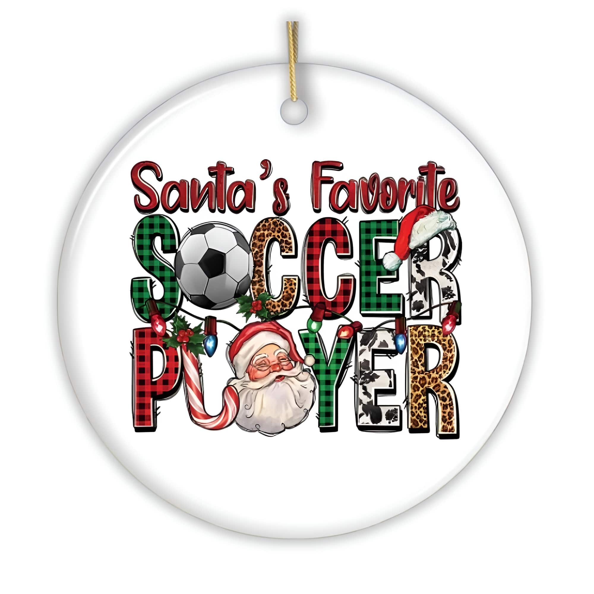 OrnamentallyYou - Santas Favorite Soccer Player Christmas Plaid Ornament Coach Football Gift - Multi-colored