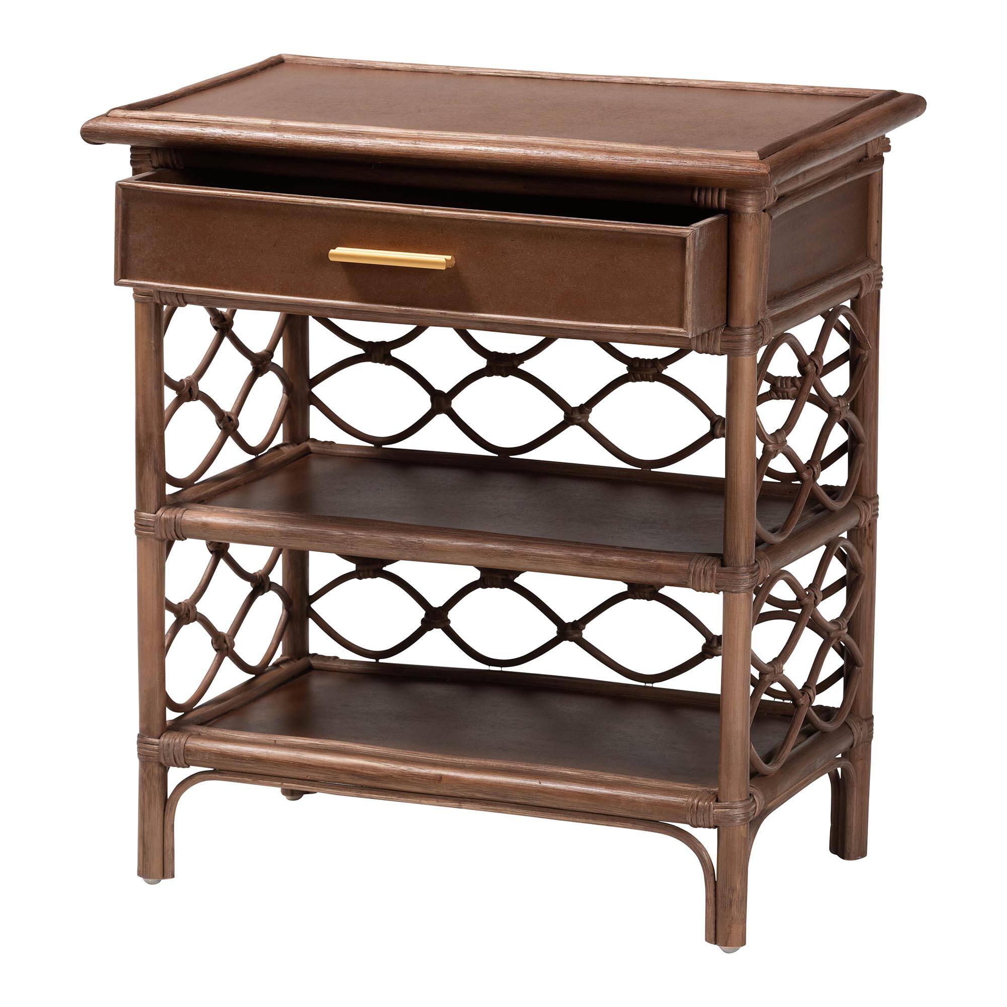 Angle. bali & pari - Akane Natural Rattan Nightstand with Drawer and Open Shelves – Coastal Bedside Table with Lattice Design, Brown - Antique Brown.