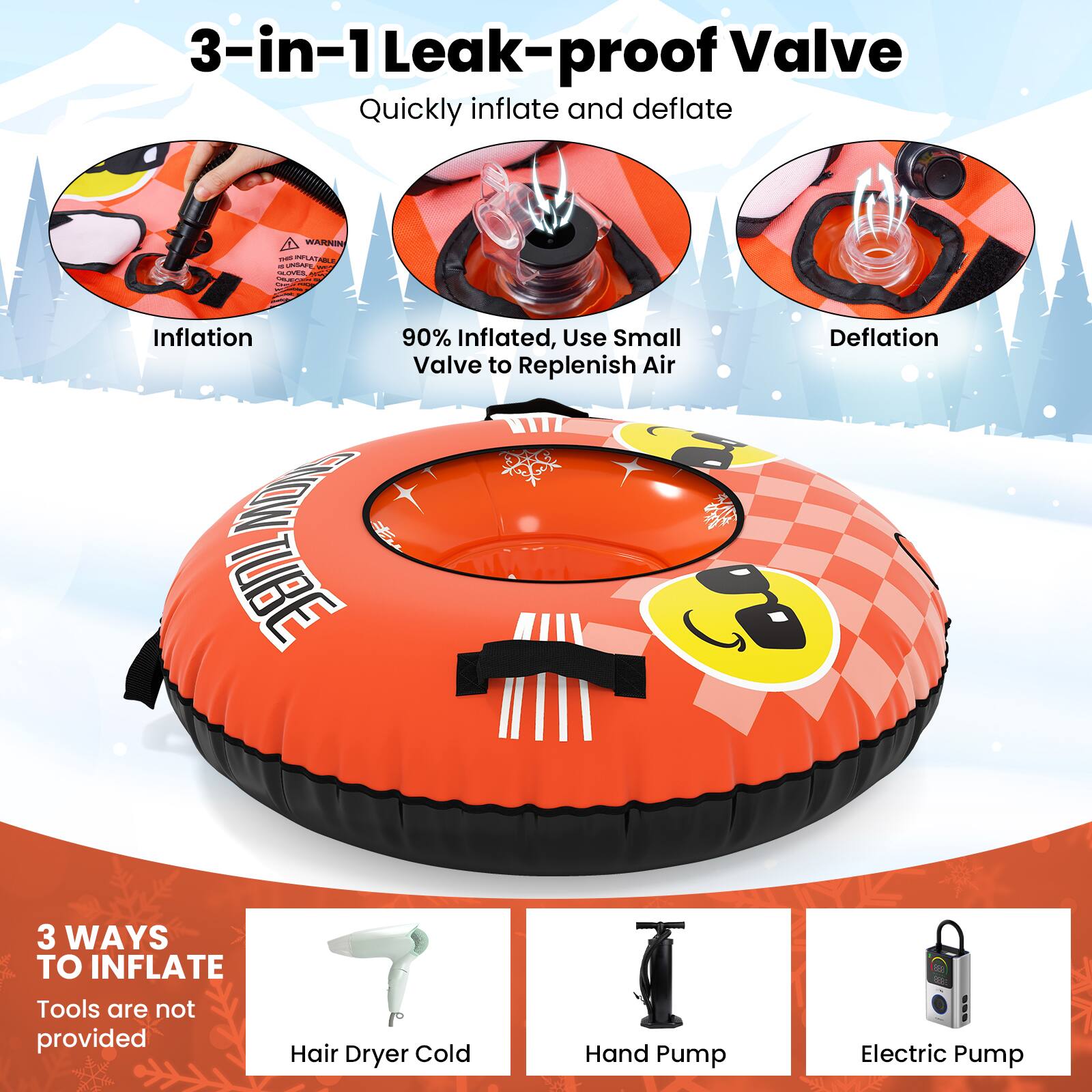 3-in-1 Leak-proof Valve  
Quickly inflate and deflate  

WARNING AND NOTICE: UNSAFE - OLOVES, ALL  

Inflation  
90% Inflated, Use Small Valve to Replenish Air  

Deflation  

3 WAYS TO INFLATE  
Tools are not provided  
Hair Dryer Cold  
Hand Pump  
300g Electric Pump