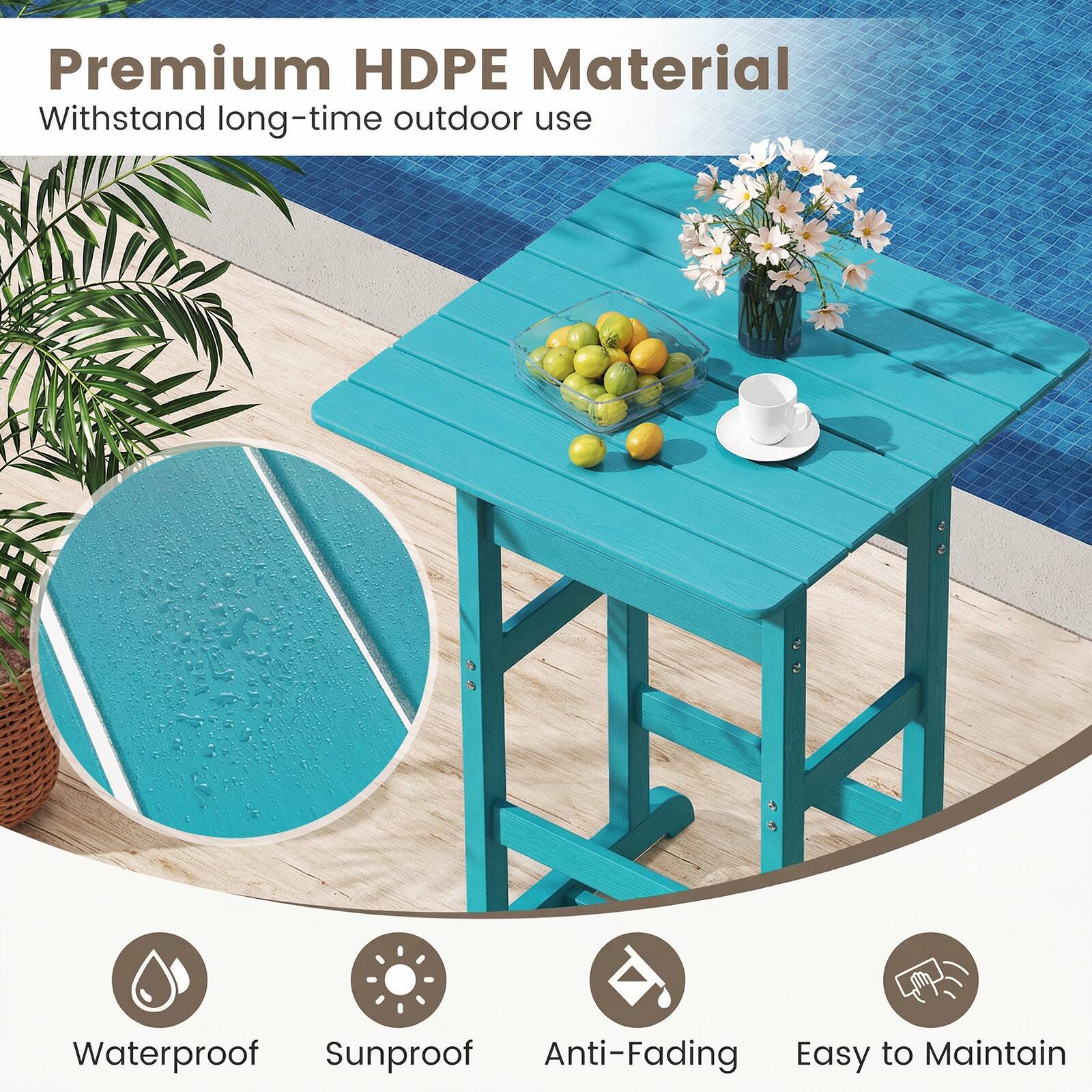 Premium HDPE Material  
Withstand long-time outdoor use  

Waterproof  
Sunproof  
Anti-Fading  
Easy to Maintain