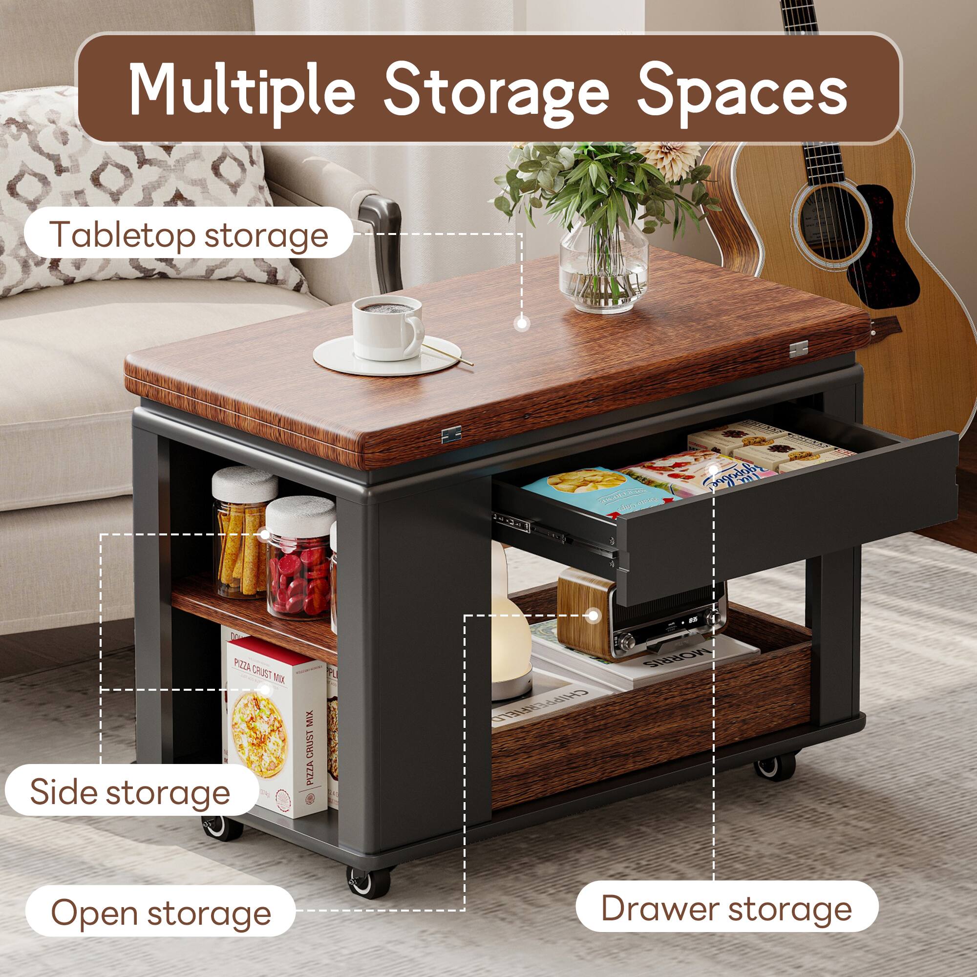 Multiple Storage Spaces

- Tabletop storage
- Side storage
- Open storage
- Drawer storage