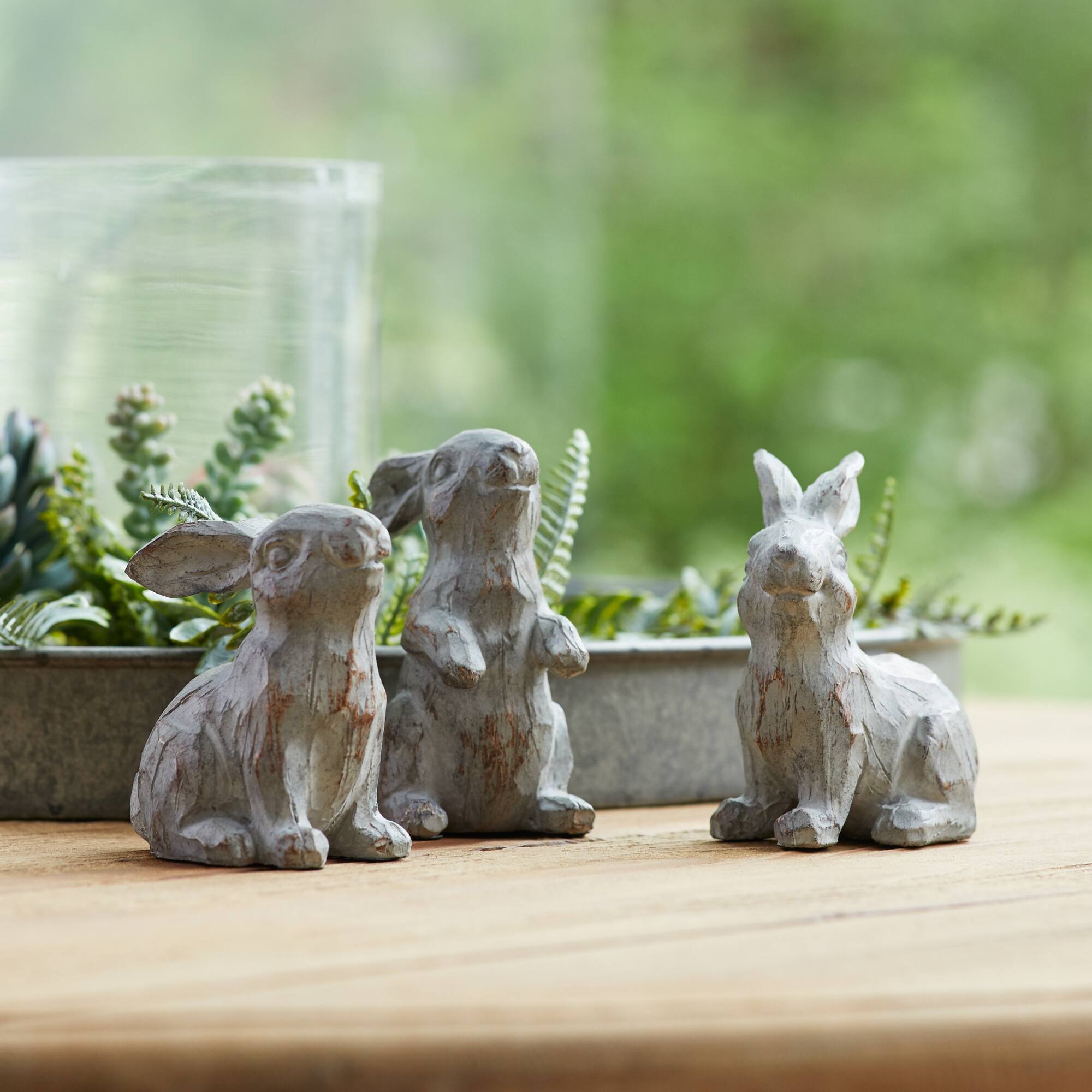 Angle. BreeBe - Washed Stone Garden Rabbit Figurine (Set of 6) - Grey, Brown.