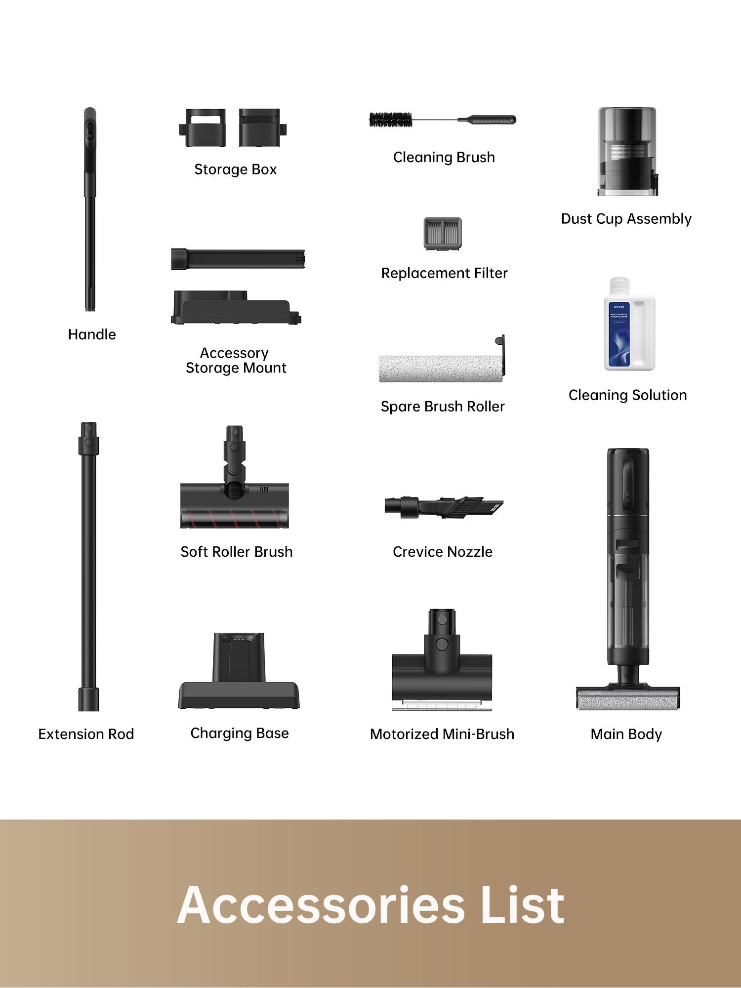 Storage Box  
Cleaning Brush  
Dust Cup Assembly  
Replacement Filter  
Handle  
Accessory Storage Mount  
Soft Roller Brush  
Crevice Nozzle  
Extension Rod  
Charging Base  
Motorized Mini-Brush  
Main Body  
Spare Brush Roller  
Cleaning Solution  

Accessories List