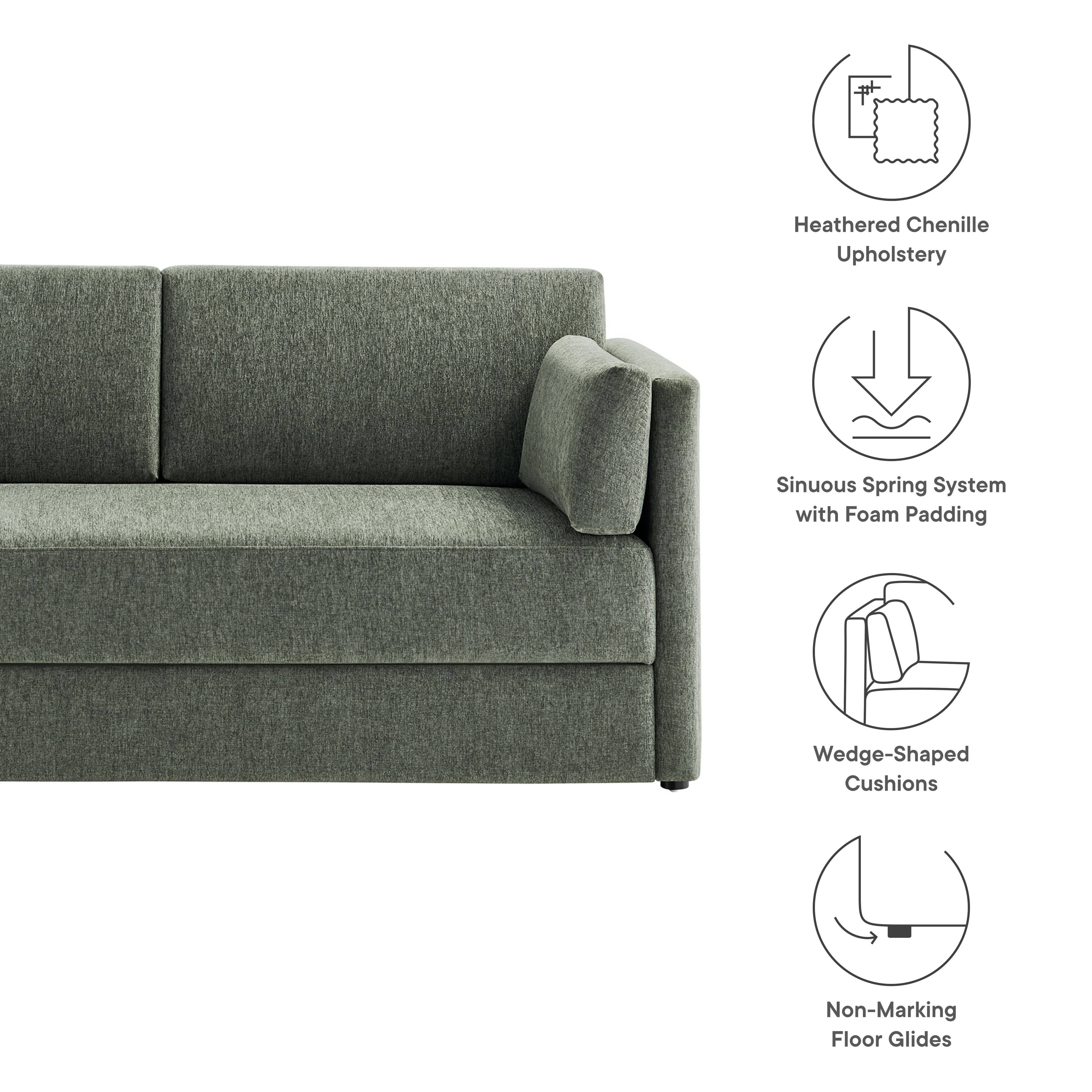 - Heathered Chenille Upholstery
- Sinuous Spring System with Foam Padding
- Wedge-Shaped Cushions
- Non-Marking Floor Glides