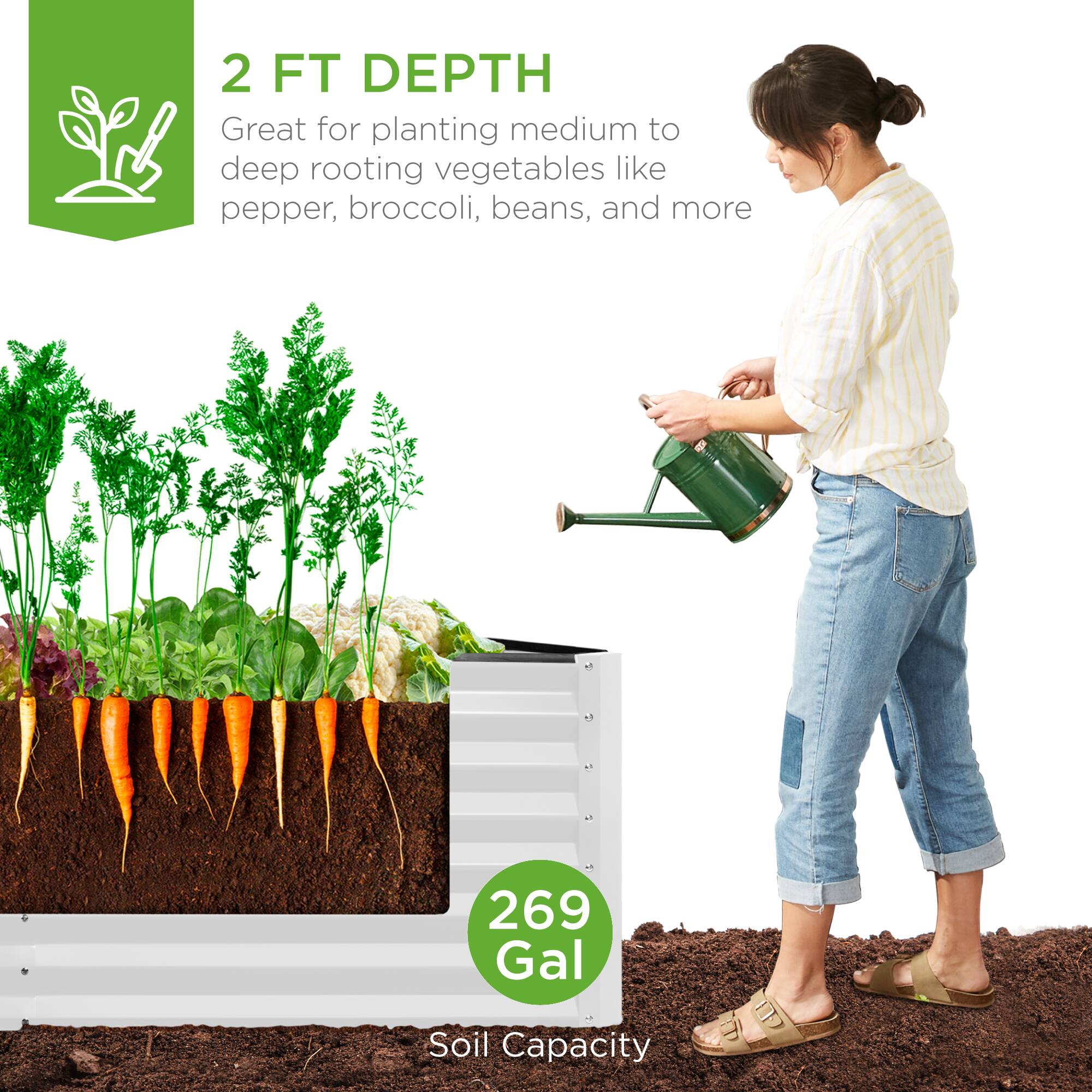 2 FT DEPTH  
Great for planting medium to deep rooting vegetables like pepper, broccoli, beans, and more  

269 Gal  
Soil Capacity