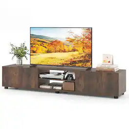 Costway - TV Stand for up to 70" TVs, Media Console Table with Double Doors & Open Shelves - Rustic Brown