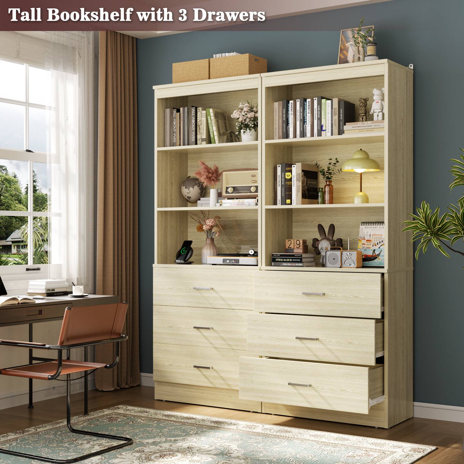 Tall Bookshelf with 3 Drawers