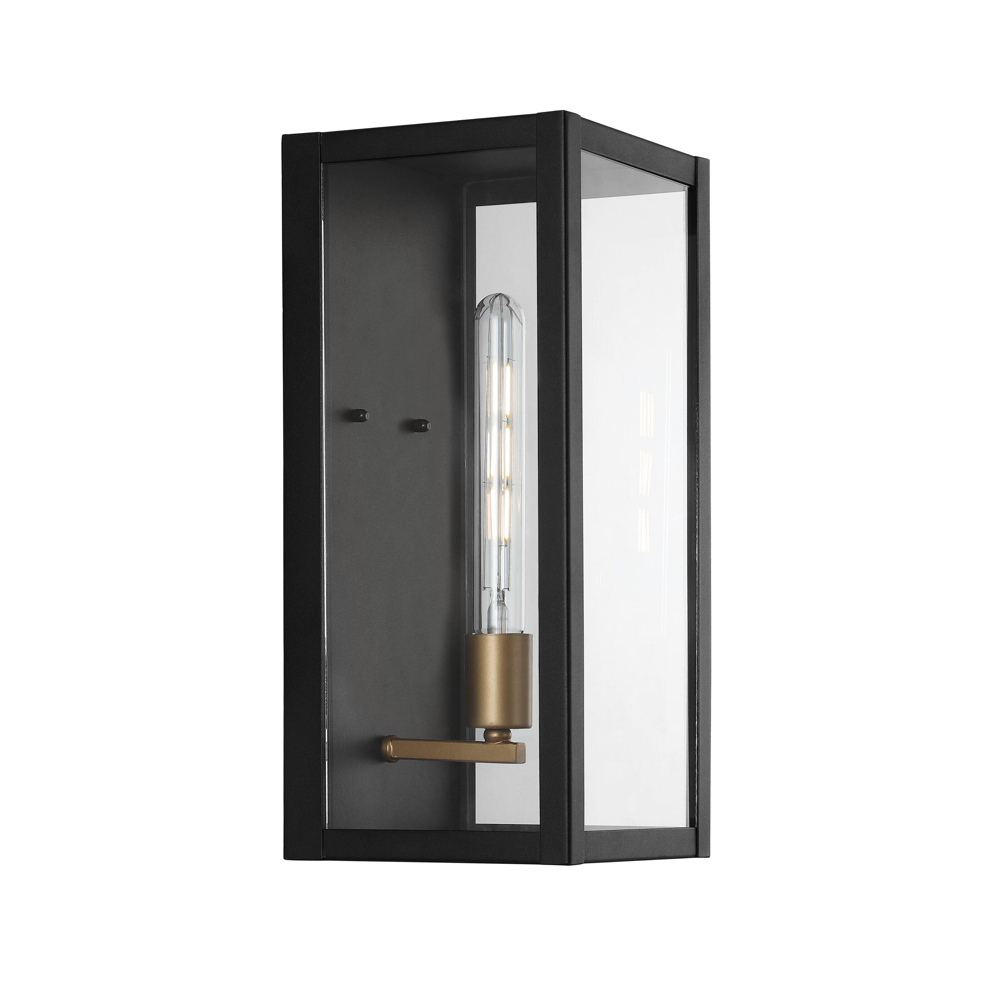 Front. Jonathan Y - Berlin 16" Modern Industrial Indoor/Outdoor Rectangular Iron/Glass LED Outdoor Lantern, Black/Gold Painting - Black/Gold Painting.