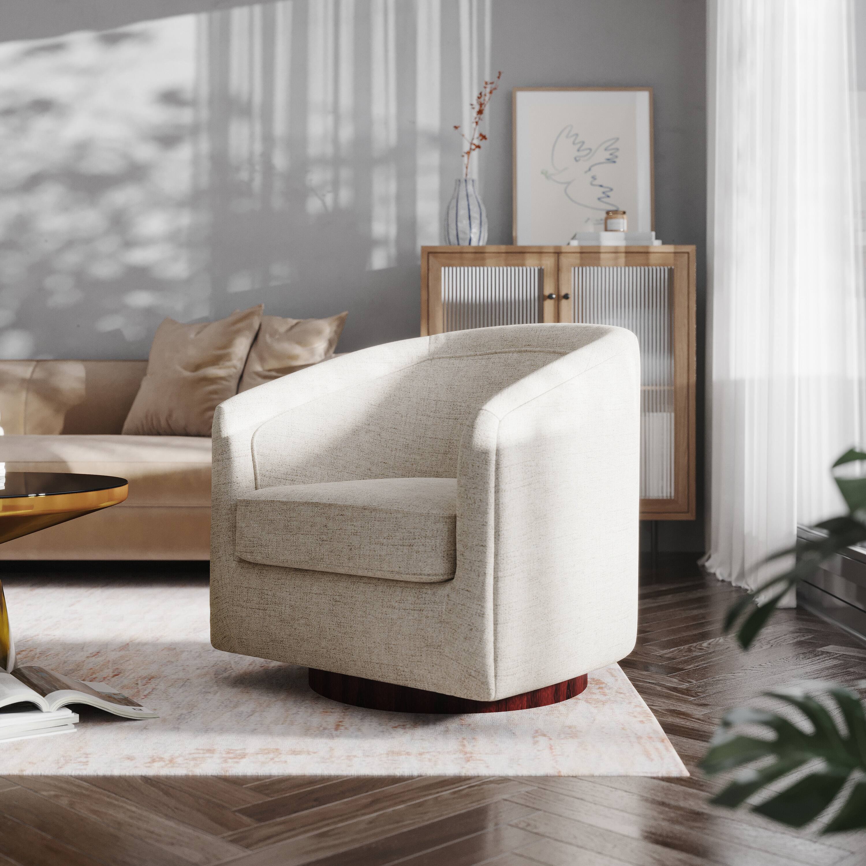 Alt View 3. Emma + Oliver - Della Club Style Barrel Accent Chair with 360 Degree Swivel Brushed Gold Vinyl Wrapped Base and Sloped Armrests - Cream.