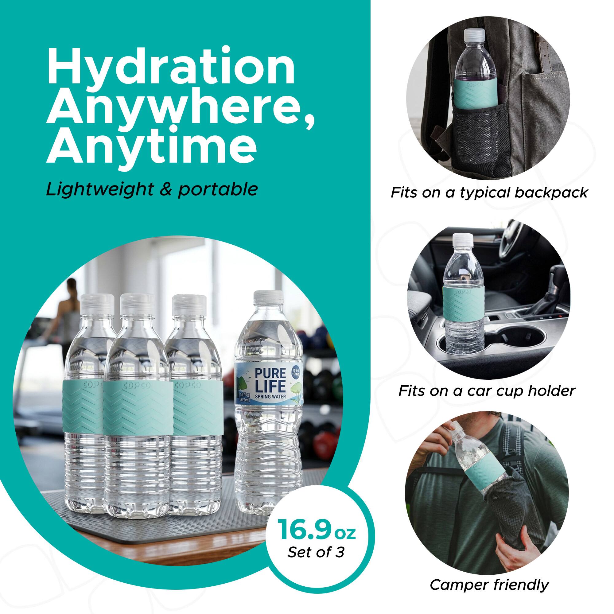 Hydration Anywhere, Anytime  
Lightweight & portable  
Fits on a typical backpack  
Fits on a car cup holder  
16.9 oz Set of 3  
Camper friendly