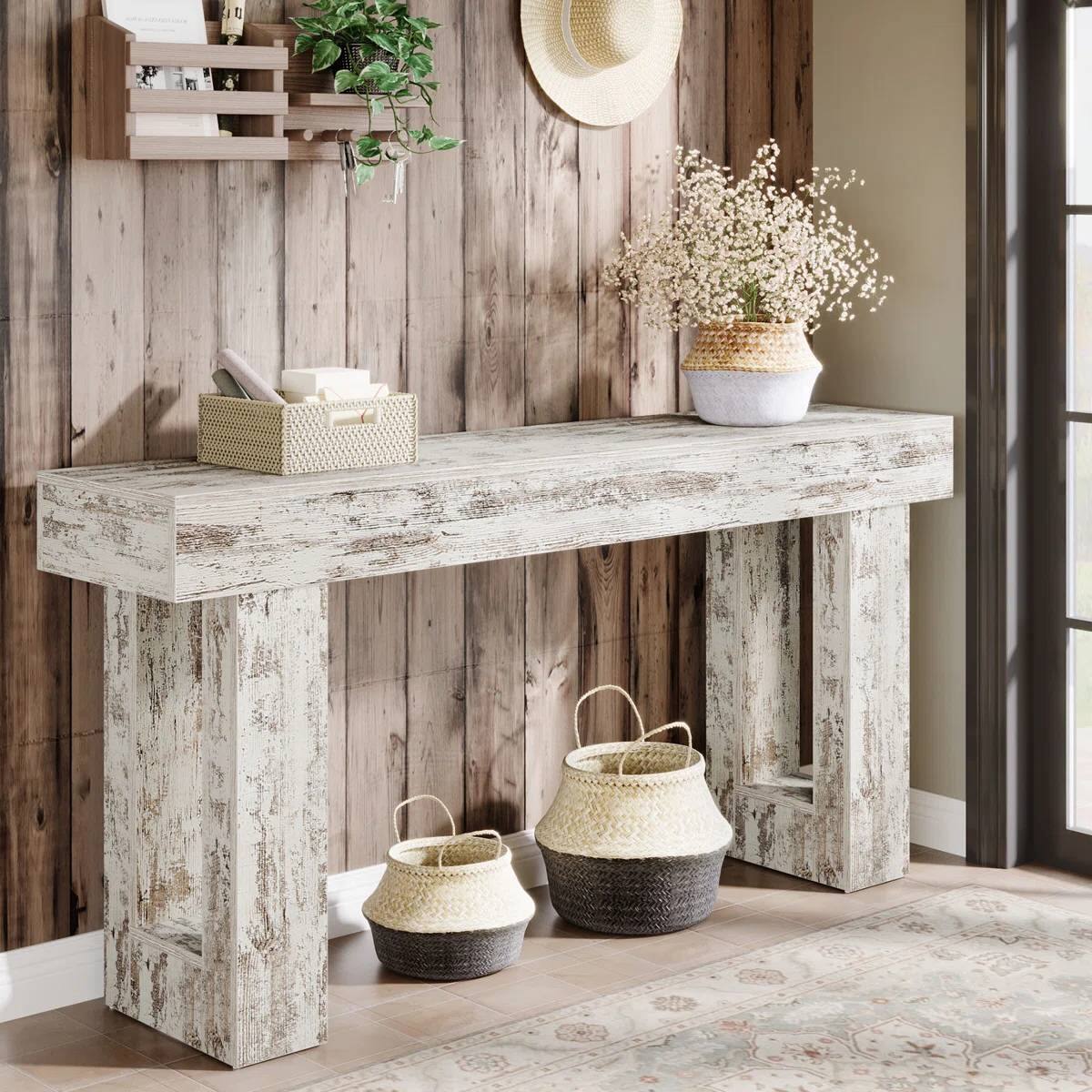 Left. SlickBlue - Modern Farmhouse Sofa Table with Distressed Wood Finish for Entryway - Rustic White.
