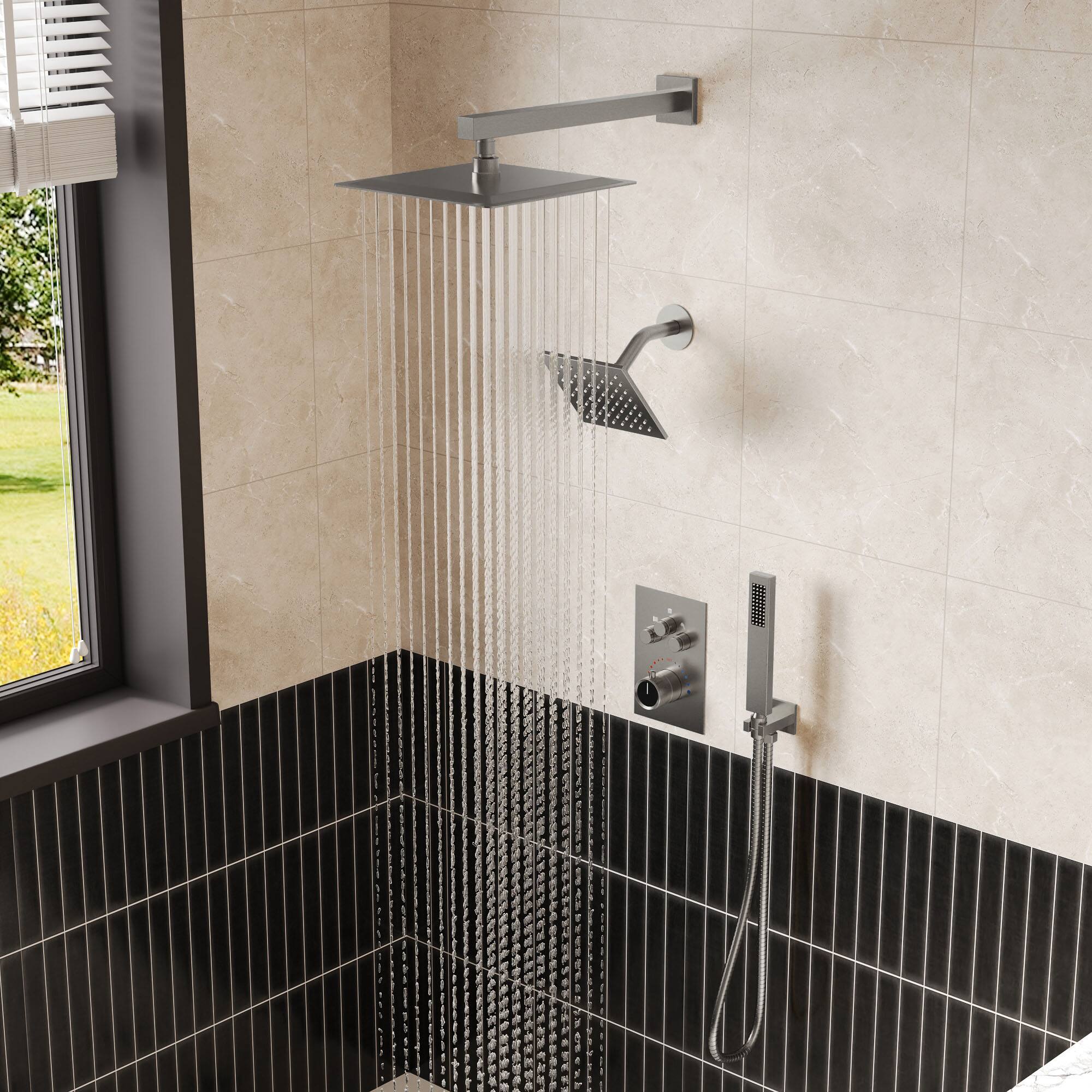 Alt View 7. GRANDJOY - 12" Dual Rain Shower System with Handheld Shower, Thermostatic Valve and 3 Function Diverter Faucet Set - Brushed Nickel.