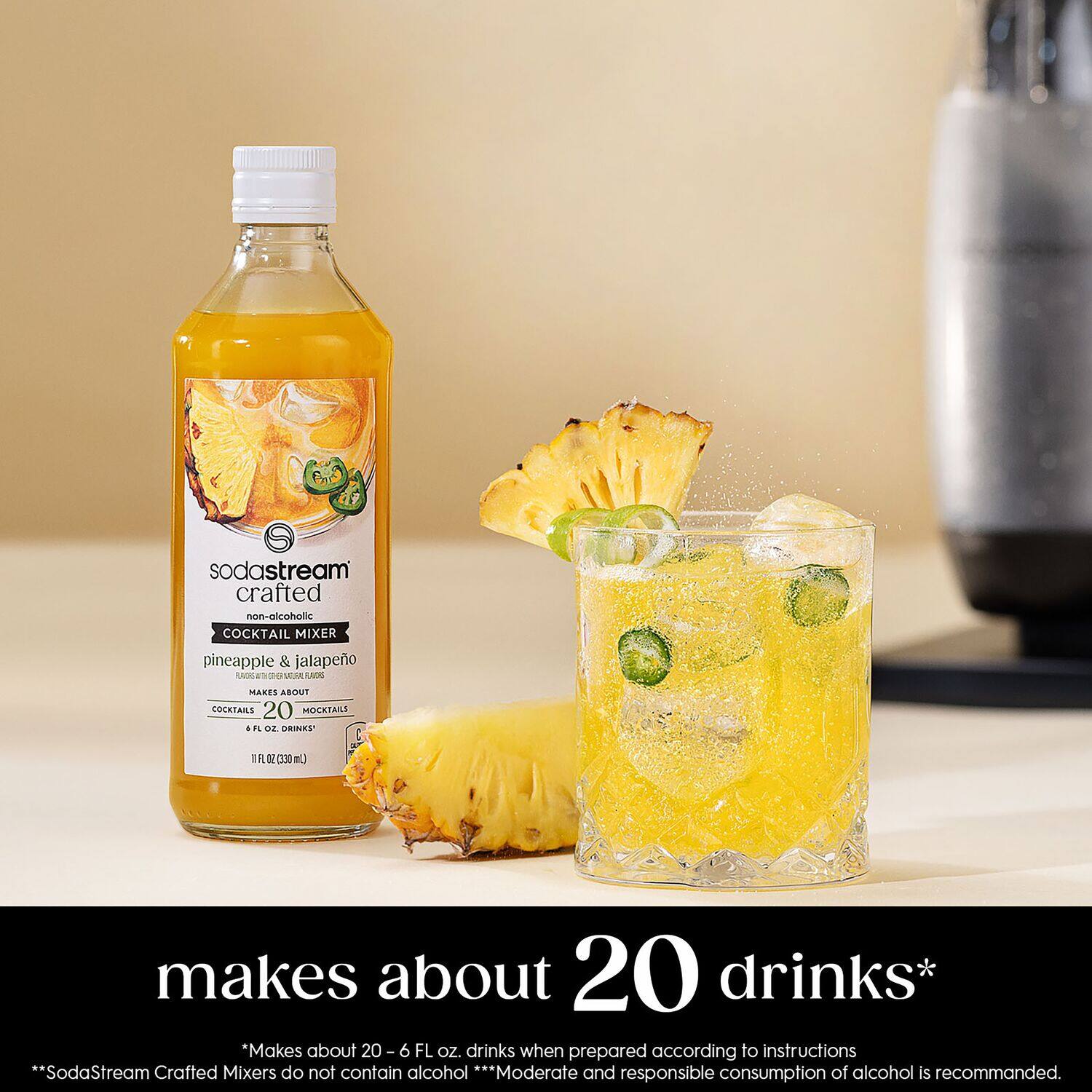 SodaStream crafted non-alcoholic cocktail mixer pineapple & jalapeno UVO makes about 20 mocktails.
